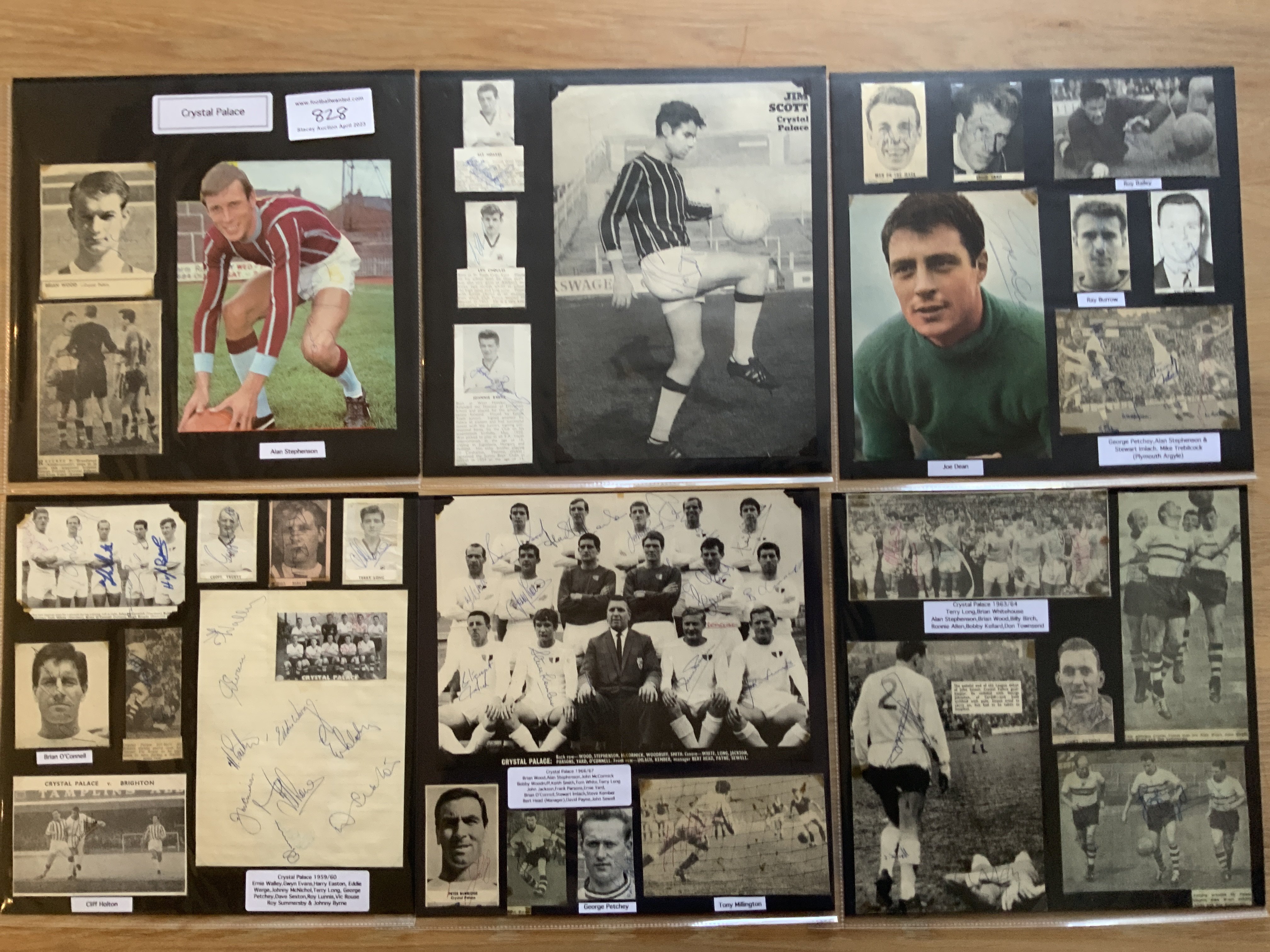 Crystal Palace 1940s 1950s 1960s Football Autograph Collection: Stunning private collection all pre 1970 from various publications. All signatures are identified and laid down with photo corners on 12 x 12 inch card and easily removable. 3 pages to include 3 fully signed team groups, 3 signed autograph pages and 173 various sized pictures to include 19 A4. 110 different player signatures including Bert Head, Johnny Byrne, Gerry Queen, Cliff Holton, Dave Sexton, Bill Glazier, Bobby Tambling, Alan Woan, Mel Blyth, Alan Stephenson, John McNichol, Steve Kember, Mike Deakin, John Jackson etc. (300+)