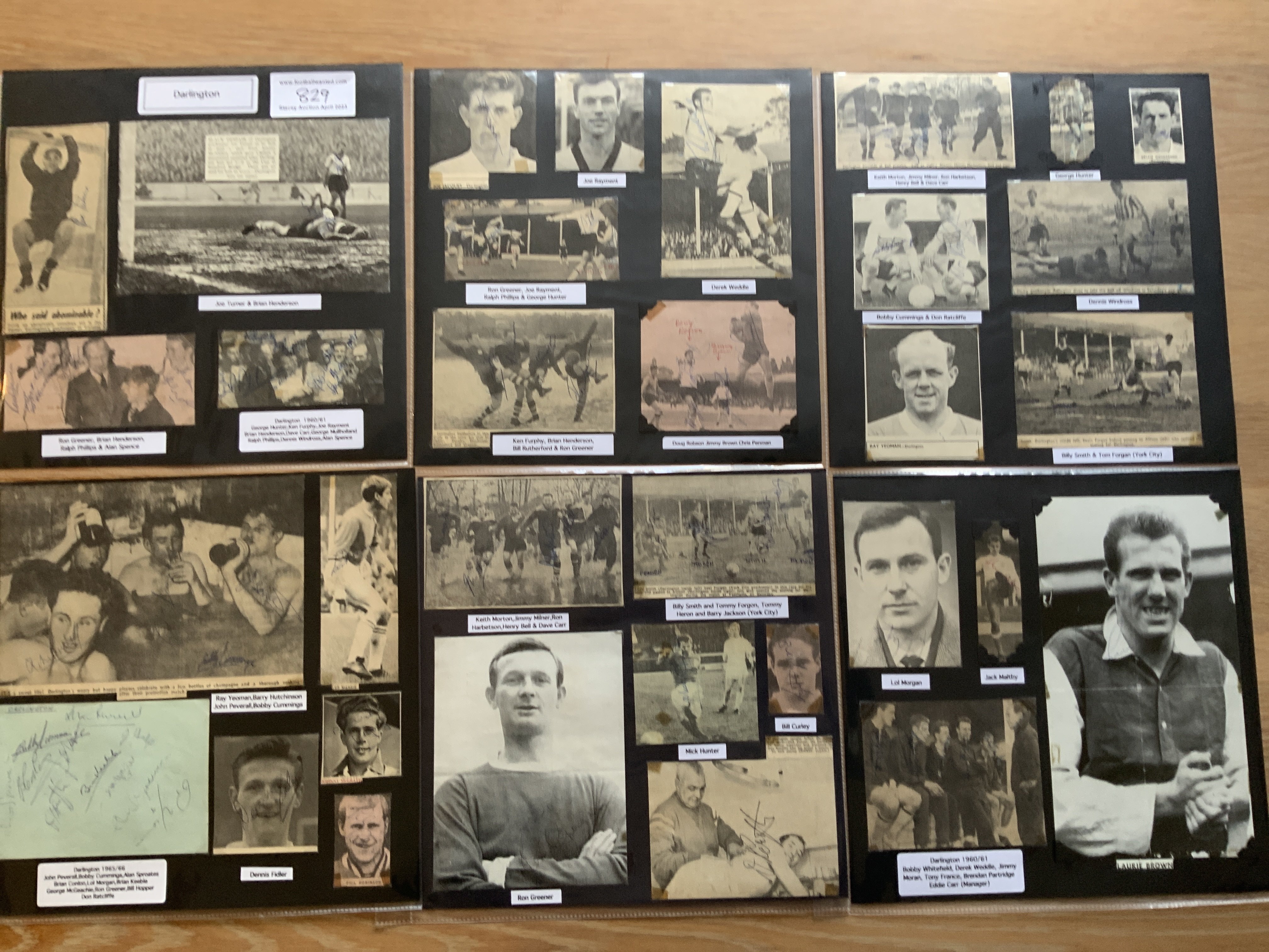 Darlington 1940s 1950s 1960s Football Autograph Collection: Stunning private collection all pre 1970 from various publications. All signatures are identified and laid down with photo corners on 12 x 12 inch card and easily removable. 6 pages to include 1 fully signed team group, 6 signed autograph pages, a signed programme and 70 various sized pictures to include 2 A4. 95 different player signatures including Joe Turner, Laurie Brown, Ken Furphy, George Luke, Lance Robson, Alan Spence, Bill Thompson, Ray Wood, Billy Dunn, Alan Sproates, Bobby Cummings, George Wardle, Joe Jacques, Cliff Wright etc. (230+)
