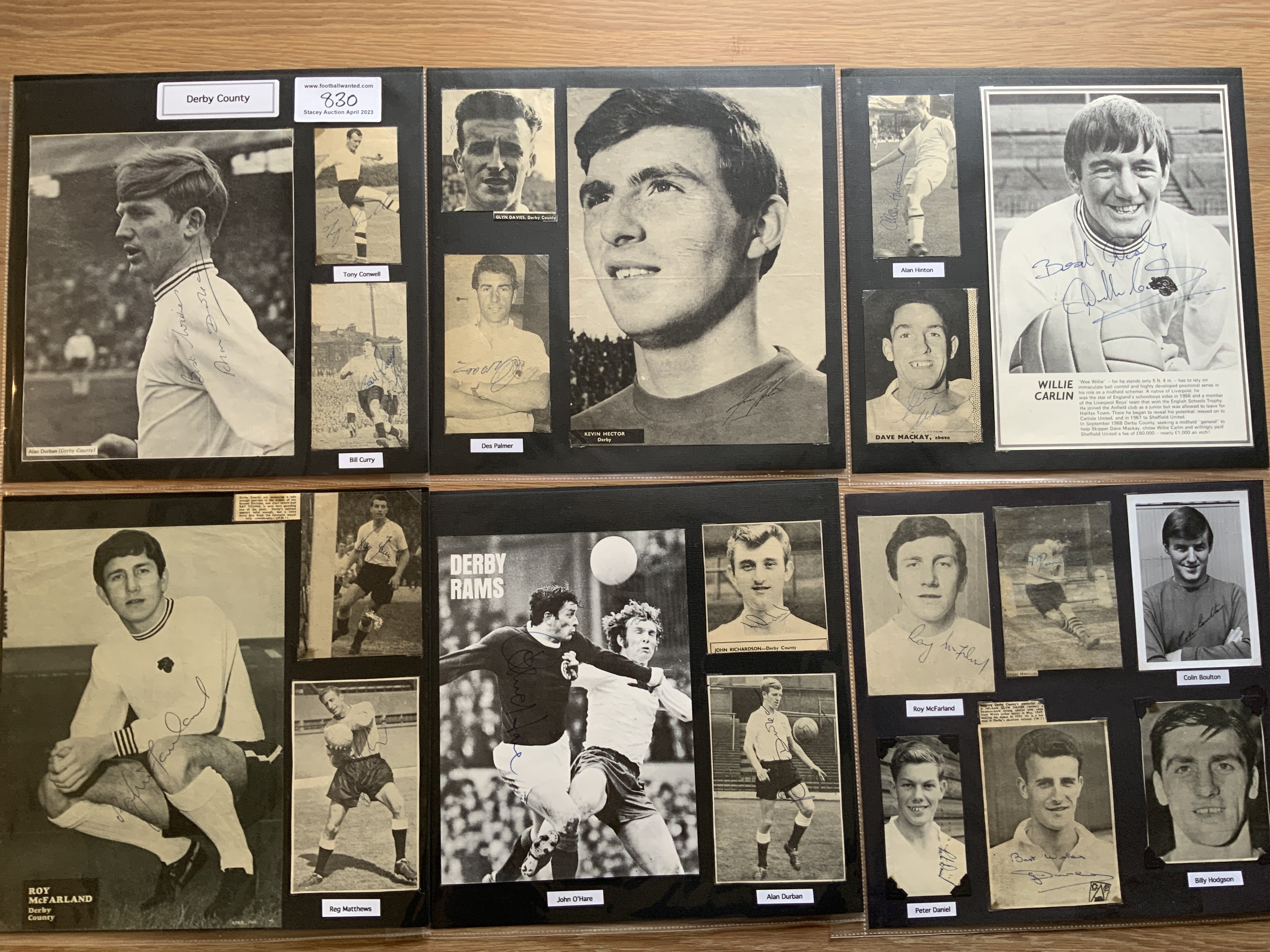 Derby County 1940s 1950s 1960s Football Autograph Collection: Stunning private collection all pre 1970 from various publications. All signatures are identified and laid down with photo corners on 12 x 12 inch card and easily removable. 28 pages to include 3 fully signed team pictures one of which has 23 autographs, 3 signed autograph pages, 2 signed original press photos and 132 various sized pictures to include 10 A4. 115 different player signatures including Ron Webster, Brian Clough, Reg Ryan, Tommy Powell, Willie Carlin, Les Green, Billy Steel, Leon Leuty, Kevin Hector, Dave Mackay, John O'Hare, Bill Townsend, Alan Durban, Johnny Morris etc. (280+)