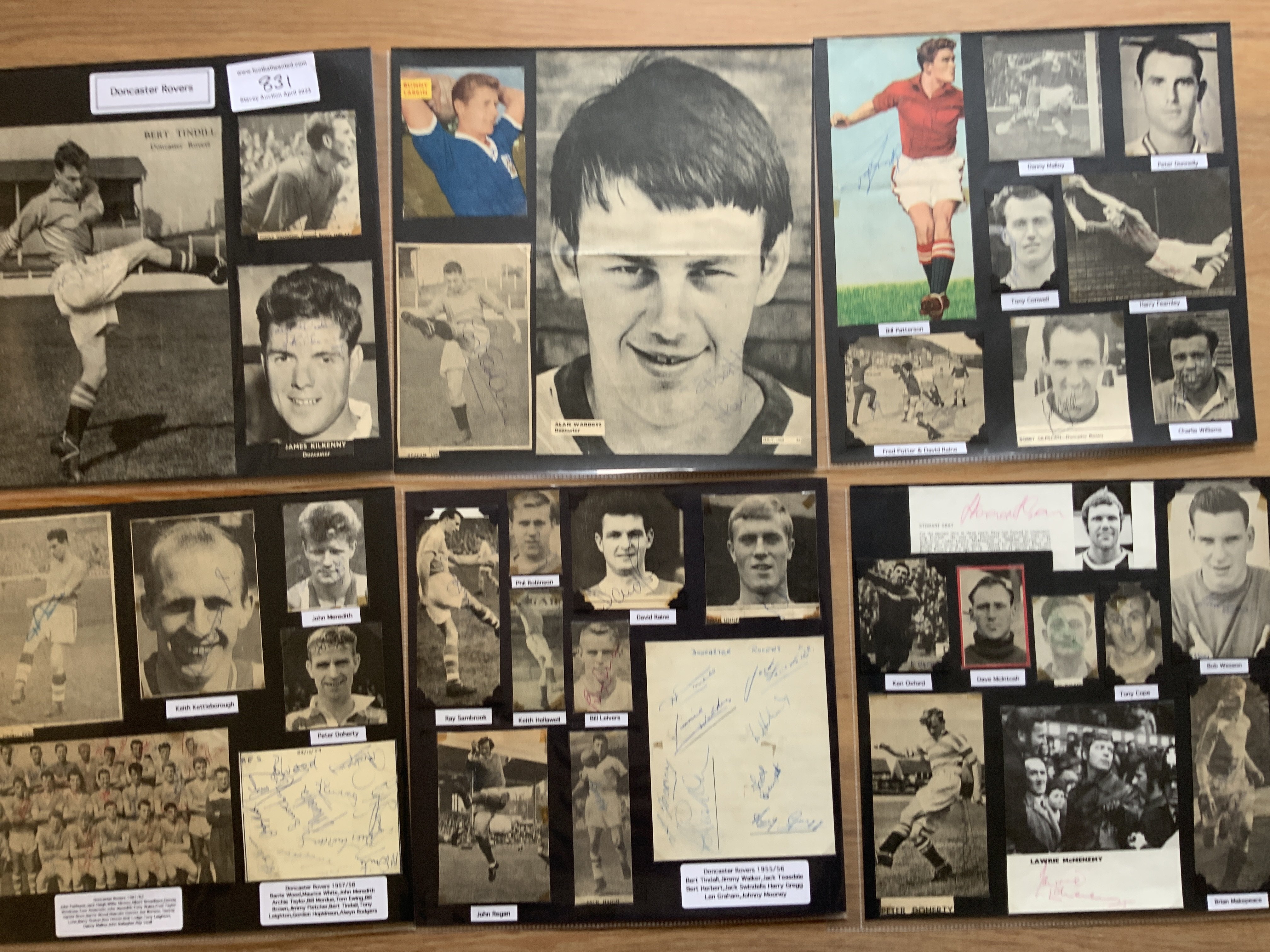 Doncaster Rovers 1940s 1950s 1960s Football Autograph Collection: Stunning private collection all pre 1970 from various publications. All signatures are identified and laid down with photo corners on 12 x 12 inch card and easily removable. 20 pages to include 2 fully signed team groups, 3 signed autograph pages, 2 signed original press photos and 108 various sized pictures to include 8 A4. 114 different player signatures including Harry Gregg, Alan Warboys, Alick Jeffrey, Tommy Cavanagh, Stuart Robertson, Colin Booth, Keith Webber, Bert Tindill, Charlie Williams, Bill Patterson, Len Graham, John Nicholson, etc. (180+)