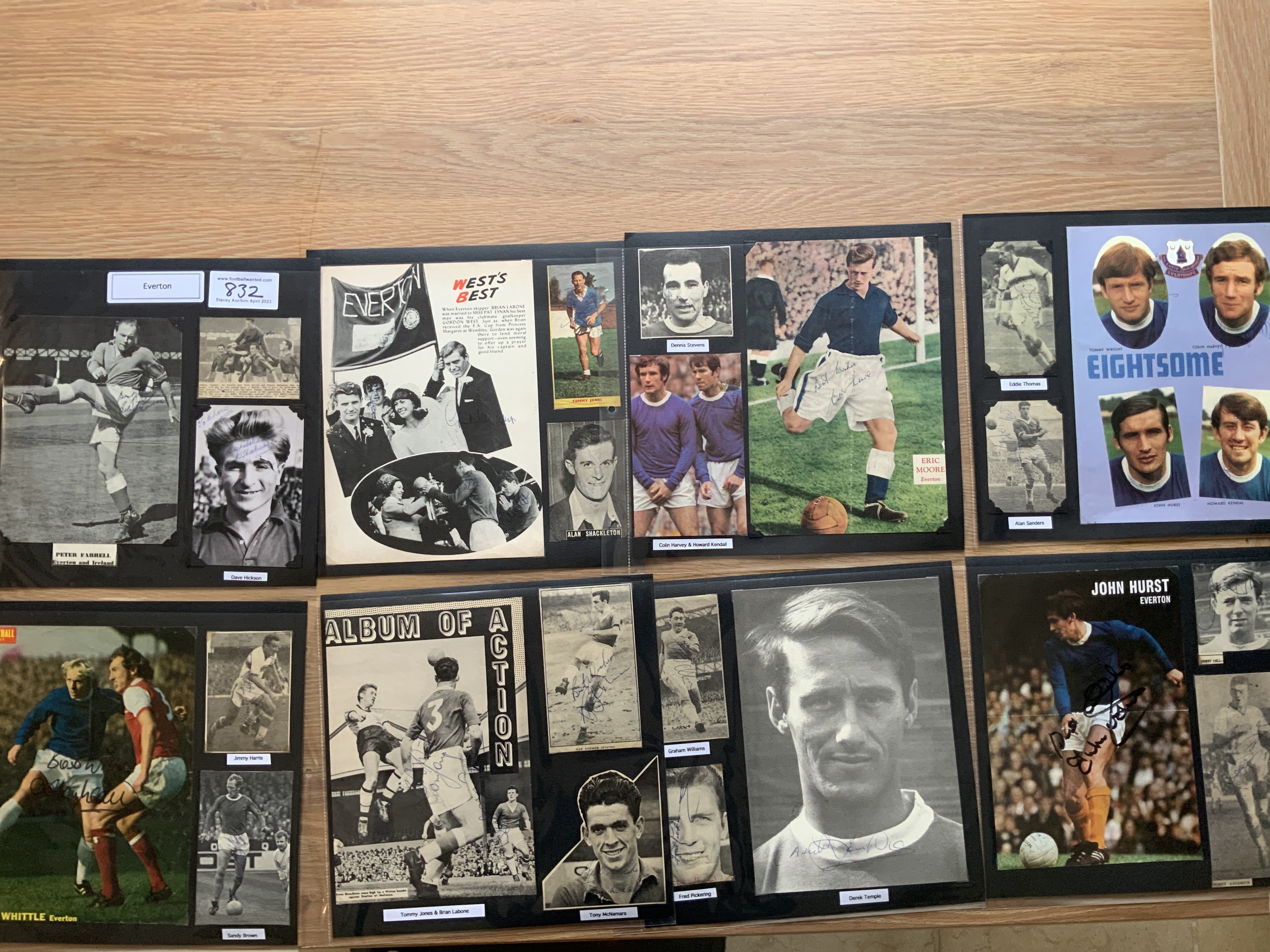 Everton 1940s 1950s 1960s Football Autograph Collection: Stunning private collection all pre 1970 from various publications. All signatures are identified and laid down with photo corners on 12 x 12 inch card and easily removable. 82 pages to include 4 fully signed team groups, 17 signed trade cards, 6 autograph pages including 1962/63 Division One Champions with 27 autographs, a signed programme 1961/62 and 302 various sized pictures to include 45 A4. 126 different player signatures including Barry Rees, Alex Young, Ted Sagar, Harry Catterick, Tommy Lawton, Alan Ball, Tony Kay, Johnny Morrissey, Bobby Collins, Mike Trebilcock, Roy Vernon, Tommy G Jones, Joe Mercer, Dave Hickson , George Burnett, Oscar Hold, Ted Buckle, Roger Kenyon, Stuart Shaw, Alex Scott etc. (550+)