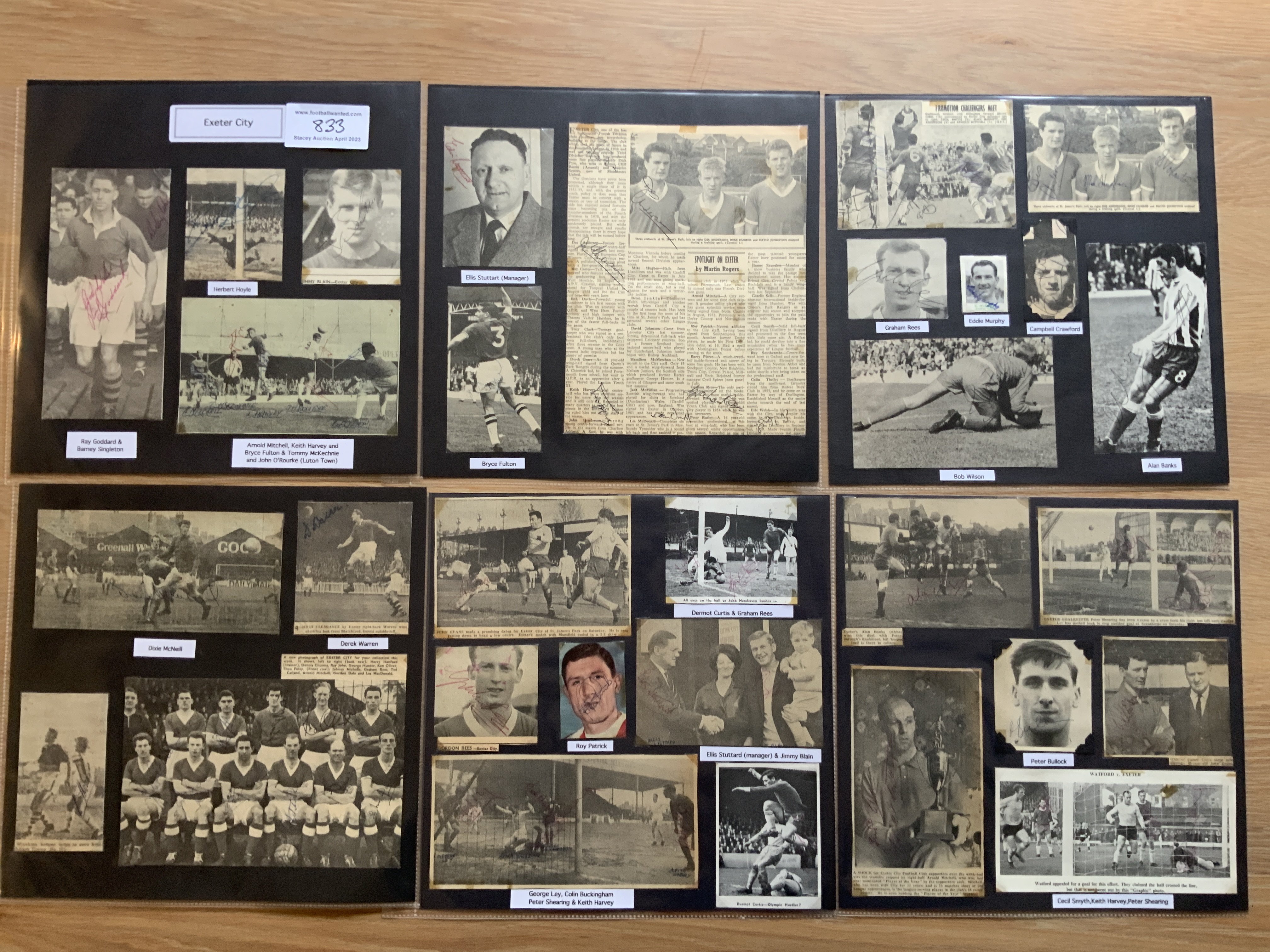 Exeter City 1940s 1950s 1960s Football Autograph Collection: Stunning private collection all pre 1970 from various publications. All signatures are identified and laid down with photo corners on 12 x 12 inch card and easily removable. 20 pages to include 2 fully signed team groups, 2 signed autograph pages and 131 various sized pictures to include 2 A4. 90 different player signatures including Barney Singleton, John Smout, Gordon Dale, Theo Foley, Fred Binney, George Ley, Ted Calland, Johnny Nicholls, Bert Hoyle, Alan Banks, Adrian Thorne, Eddie Murphy, Ray Iggleden, Ray Harford etc. (250+)