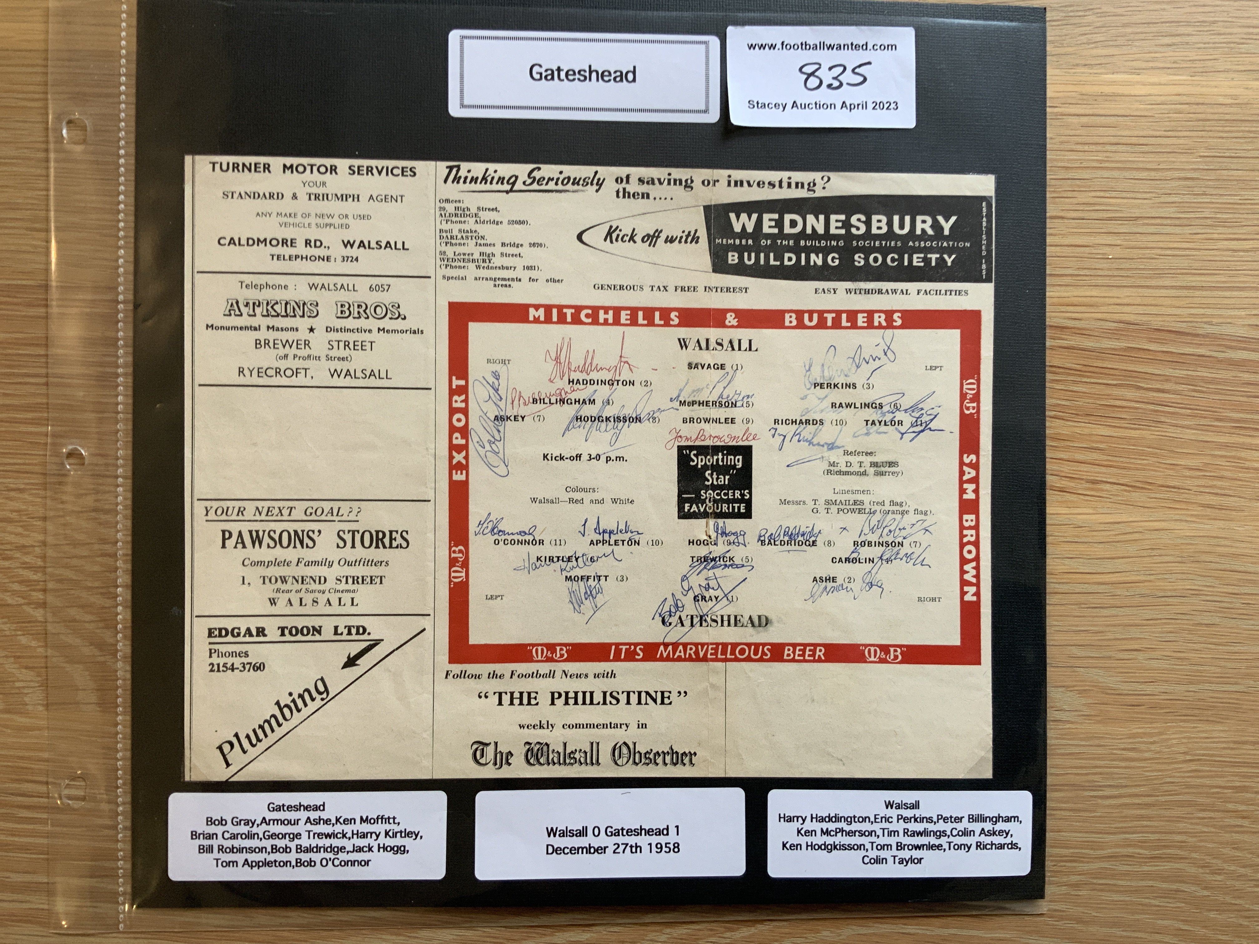 Gateshead 1940s 1950s 1960s Football Autograph Collection: Stunning private collection all pre 1970 from various publications. All signatures are identified and laid down with photo corners on 12 x 12 inch card and easily removable. 7 pages to include 1 fully signed team group, 5 signed autograph pages, 2 signed programmes including 1957/58 with 27 autographs and 25 various sized pictures to include 1 A4. 64 different player signatures including Jack Hedley, Tom Callender, George Aitken, Jim Woodburn, Willie Buchan, Cecil McCormack, Armour Ashe, Ken Smith, Ken Wimshurst, Ian Winters, Eric Oldham, Harry Wyles, Bob Gray etc. (130+)