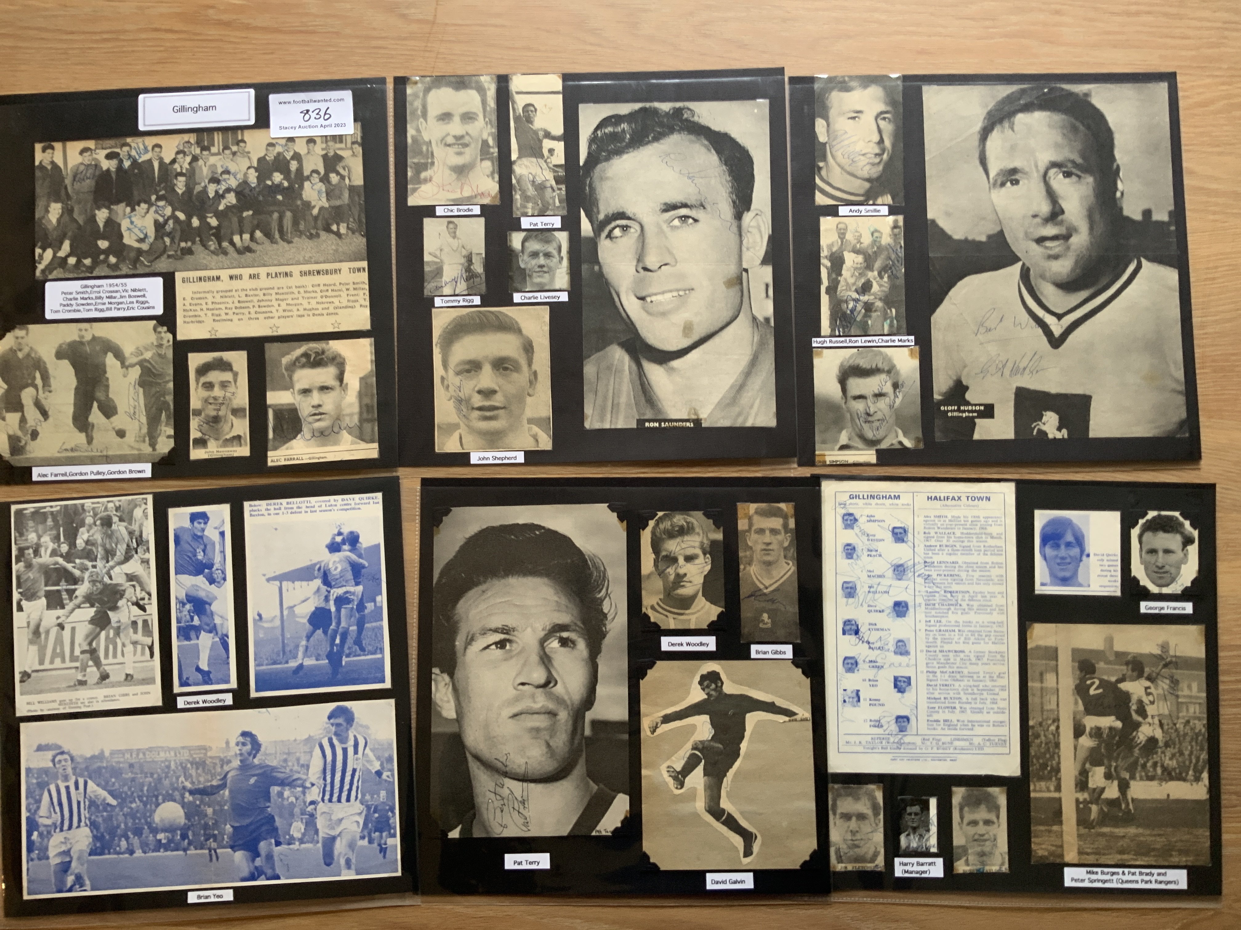 Gillingham 1940s 1950s 1960s Football Autograph Collection: Stunning private collection all pre 1970 from various publications. All signatures are identified and laid down with photo corners on 12 x 12 inch card and easily removable. 24 pages to include 5 fully signed team groups, 4 signed autograph pages, 1 signed programme, 1 original signed press photo and 116 various sized pictures to include 5 A4. 104 different player signatures including Charlie Marks, Vic Niblet, Dick Tydeman, David Peach, Ron Saunders, Mel Machin, Tommy Rigg, Brian Yeo, Gordon Riddick, Pat Terry, Brian Gibbs, Derek Bellotti, Don Campbell etc. (370+)