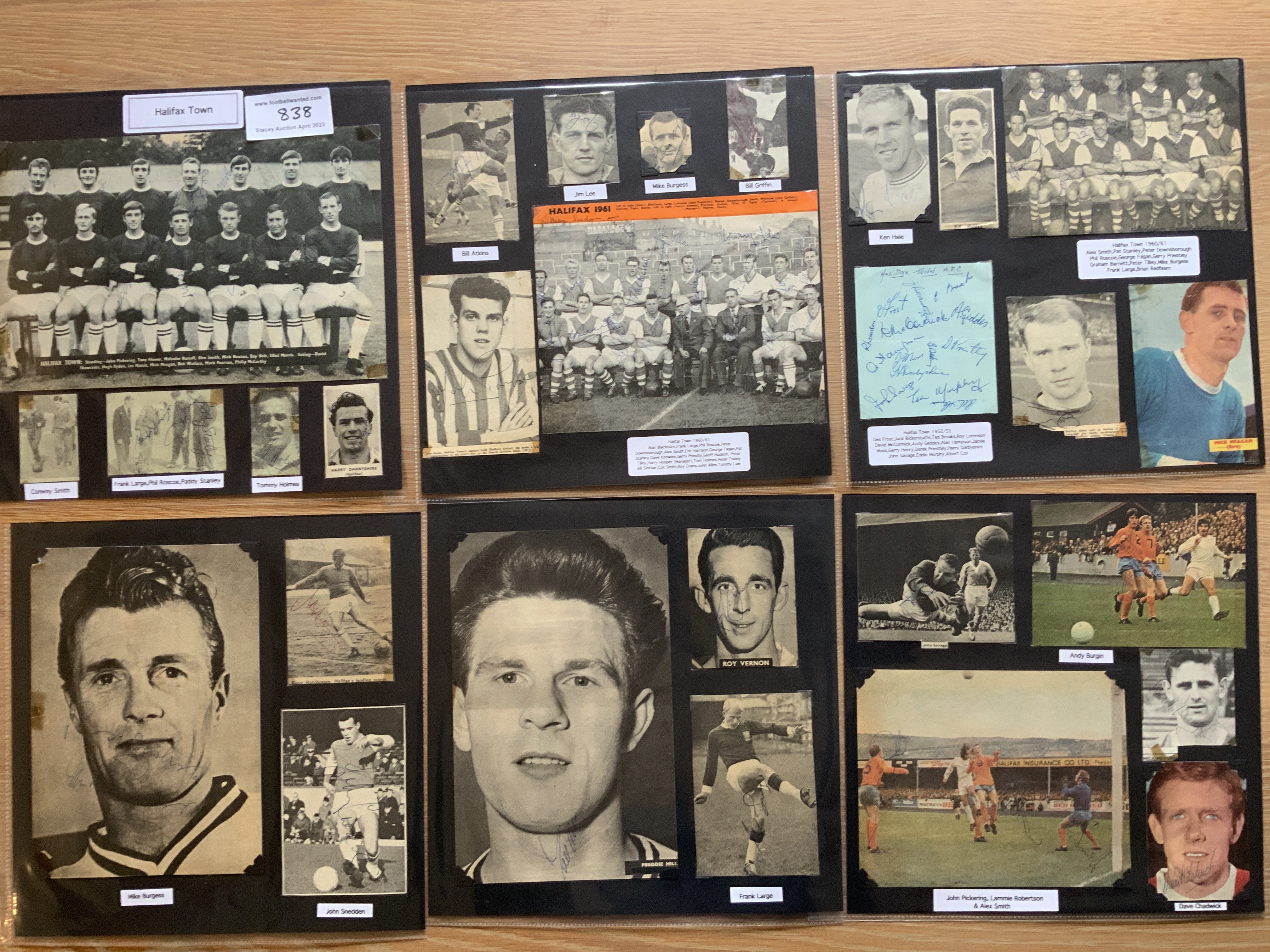 Halifax Town 1940s 1950s 1960s Football Autograph Collection: Stunning private collection all pre 1970 from various publications. All signatures are identified and laid down with photo corners on 12 x 12 inch card and easily removable. 16 pages to include 3 fully signed team groups, 6 signed autograph pages and 76 various sized pictures to include 3 A4. 105 different player signatures including Jim Smith, Roy Vernon, Chris Nichol, Mick Buxton, Frank Large, Conway Smith, Jeff Lee, John Savage, Freddie Hill, Harry Darbyshire, Bill Atkins, Peter Downsborough, Les Massie etc. (230+)