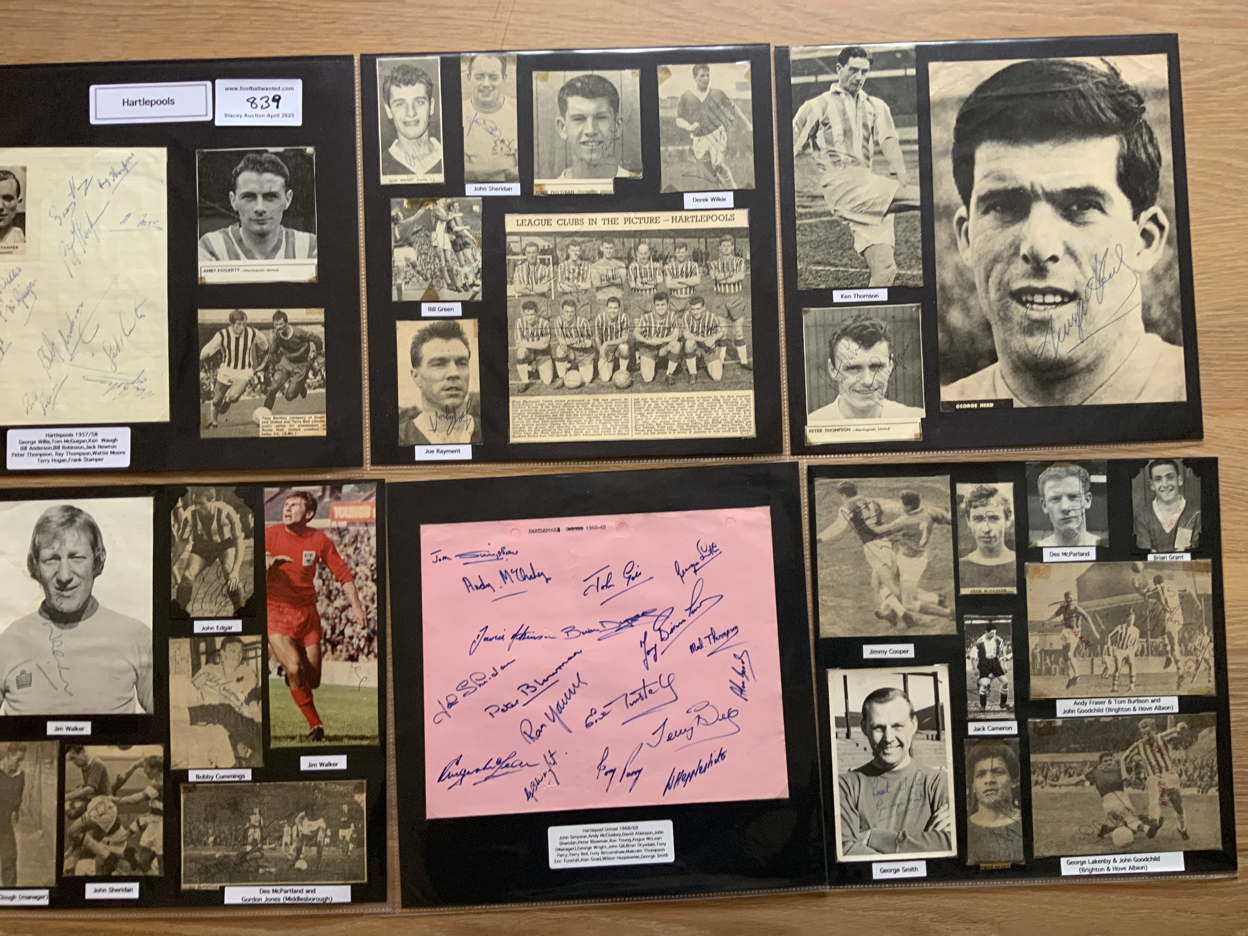 Hartlepool 1940s 1950s 1960s Football Autograph Collection: Stunning private collection all pre 1970 from various publications. All signatures are identified and laid down with photo corners on 12 x 12 inch card and easily removable. 12 pages to include 1 fully signed team group, 4 signed autograph pages, 4 signed original press photos and 64 various sized pictures to include 1 A4. 86 different player signatures including John McGovern, Brian Clough, Jimmy Strong, Ken Simpkins, Jack Cameron, Les Green, Ernie Phythian, Jack Smith, Ken Waugh, Frank Stamper, Stan Storton, Joe Rayment, Norman Oakley, John Gill etc. (140+)