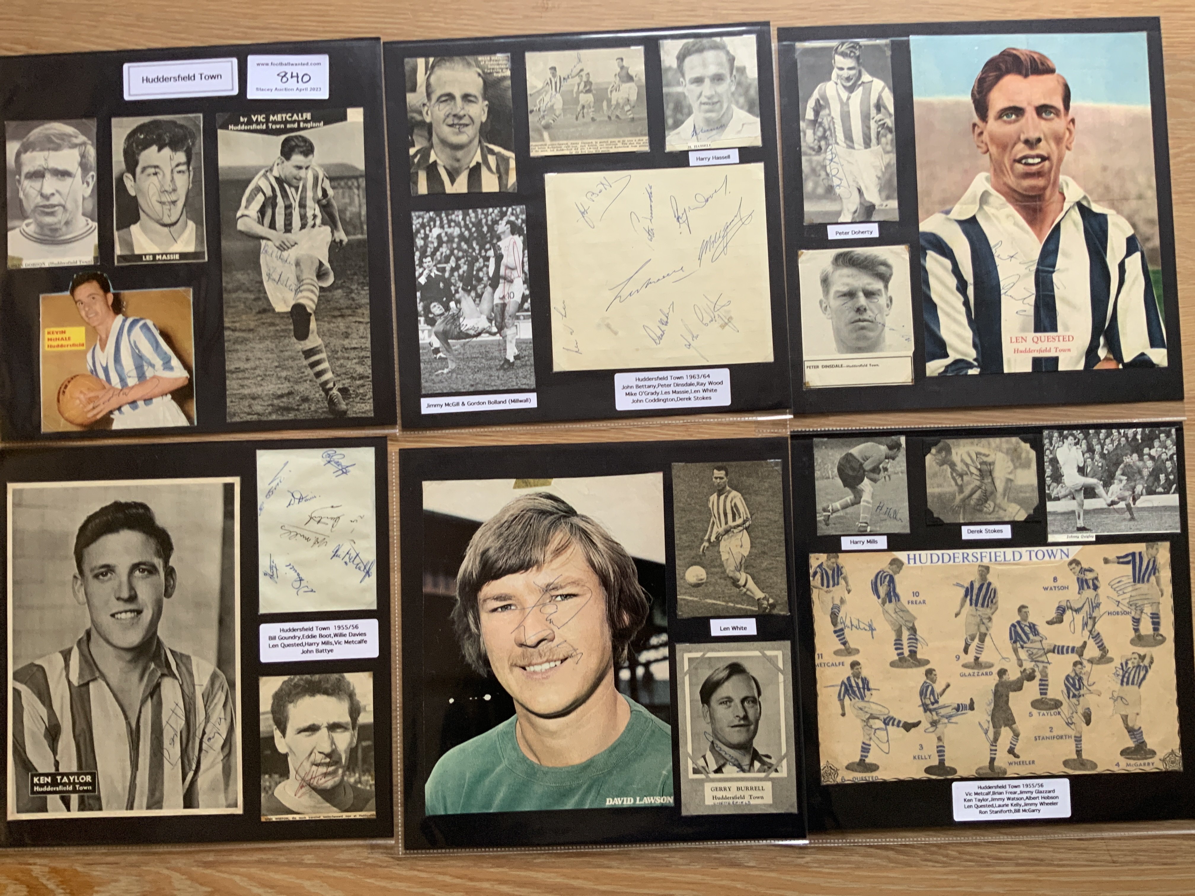 Huddersfield Town 1940s 1950s 1960s Football Autograph Collection: Stunning private collection all pre 1970 from various publications. All signatures are identified and laid down with photo corners on 12 x 12 inch card and easily removable. 42 pages to include 4 fully signed team groups, 6 signed autograph pages and 171 various sized pictures to include 23 A4. 104 different player signatures including Denis Law, Ray Wilson, Roy Ellam, Trevor Cherry, Frank Worthington, Ray Wood, Les Massie, Jack Wheeler, Len Quested, Vic Metcalfe, Eddie Boot, Dick Krzywicki, Jimmy Nicholson etc. (330+)