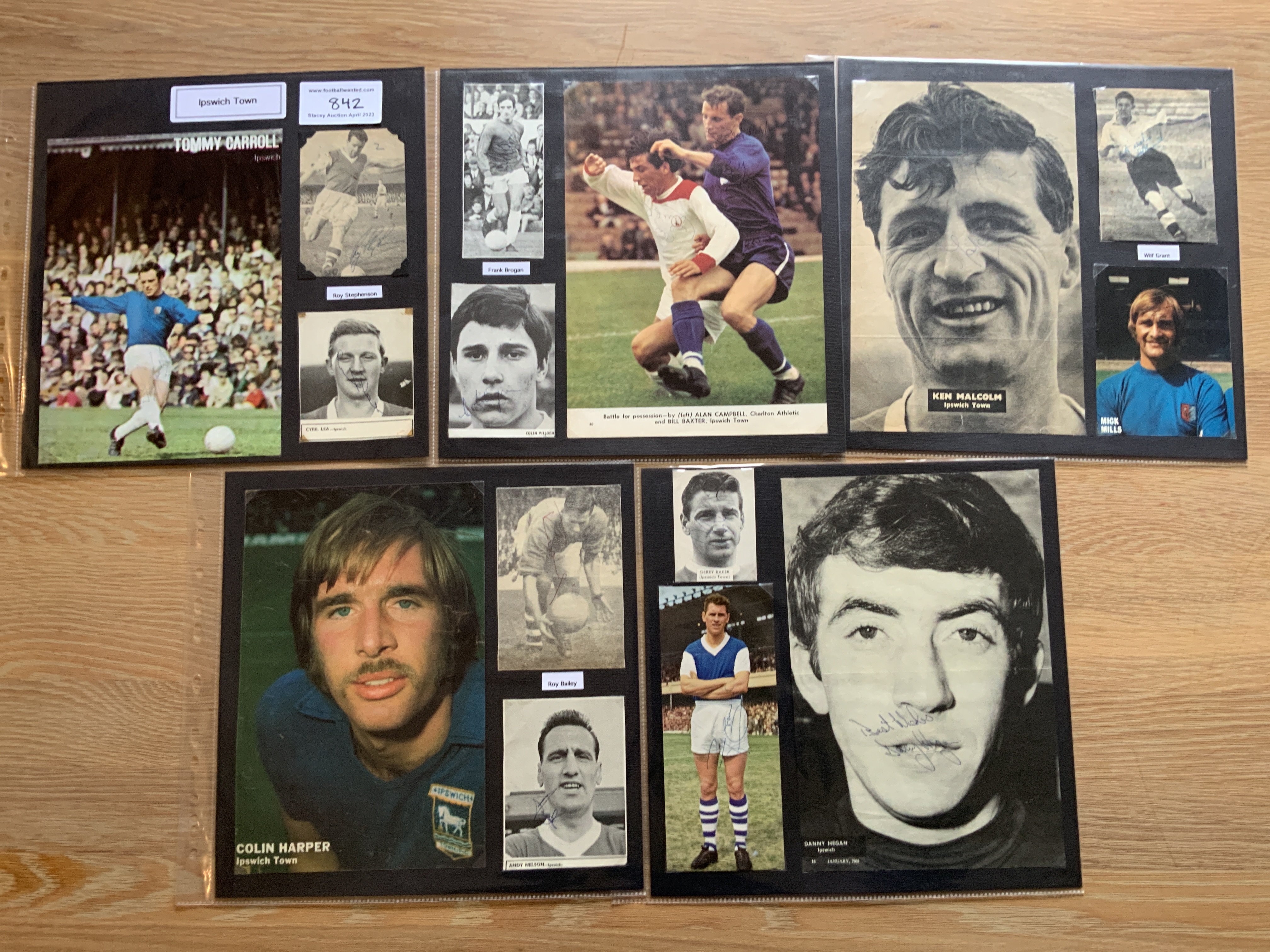 Ipswich Town 1940s 1950s 1960s Football Autograph Collection: Stunning private collection all pre 1970 from various publications. All signatures are identified and laid down with photo corners on 12 x 12 inch card and easily removable. 31 pages to include 3 fully signed team groups, 3 signed autograph pages including 1961/62 Division One Champions signed by 18, 4 signed original press photos and 132 various sized pictures to include 17 A4. 89 different player signatures including Alf Ramsey, Bobby Robson, Bill Baxter, Jack Parry, Ray Crawford, Colin Viljoen, Trevor Whymark, Tom Garneys, John Compton, Doug Moran, Danny Hegan, John Gavin, Charlie Woods etc. (280+)