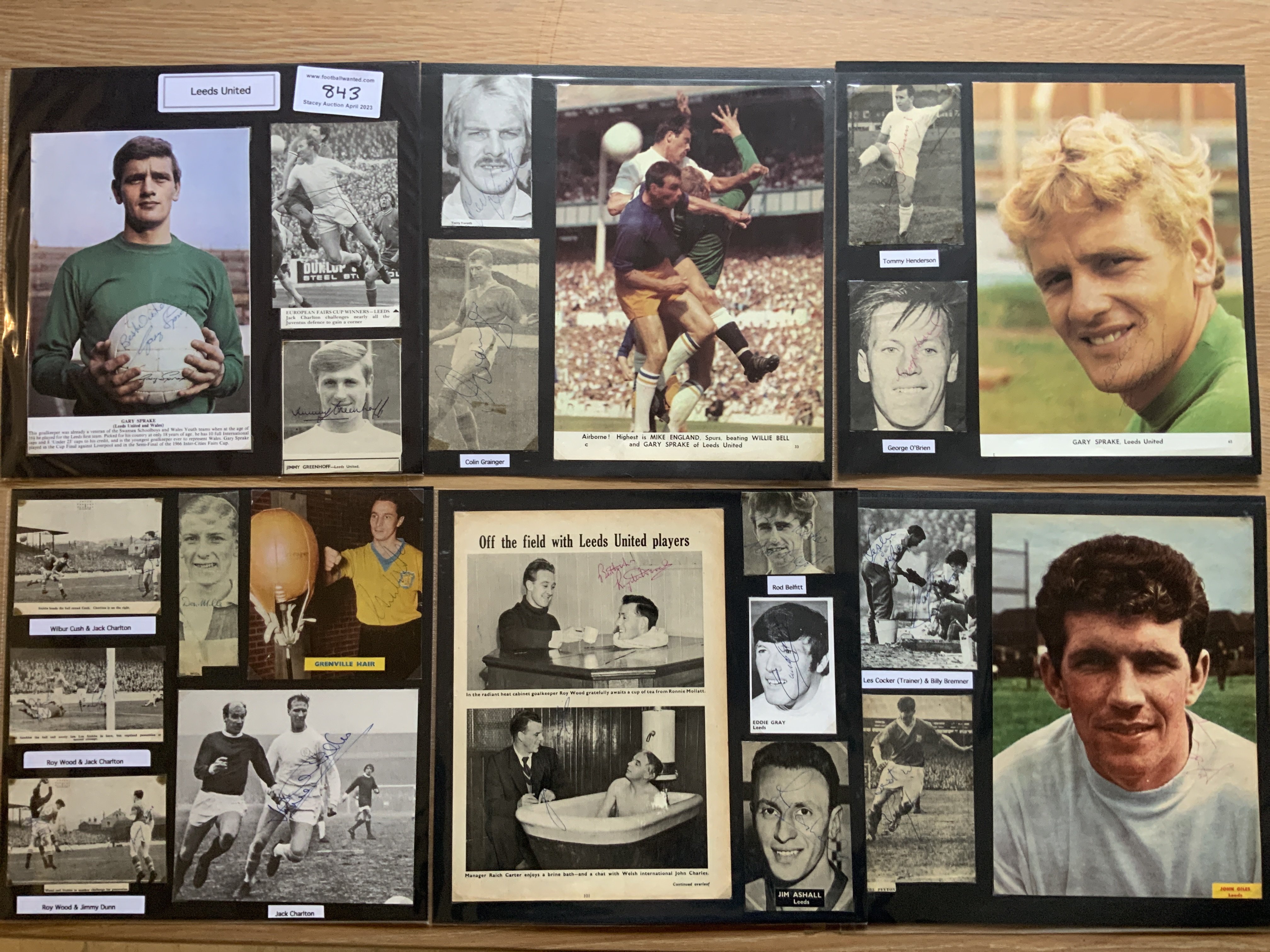 Leeds United 1940s 1950s 1960s Football Autograph Collection: Stunning private collection all pre 1970 from various publications. All signatures are identified and laid down with photo corners on 12 x 12 inch card and easily removable. 40 pages to include 2 fully signed team groups, 6 signed autograph pages including 1969/70 signed by 12 including Bremner & Revie, 7 signed original press photos and 165 various sized pictures to include 19 A4. 108 different player signatures including Billy Bremner x 10, Don Revie, Albert Johanneson, Roy Wood, John Scott, Peter Lorimer, Terry Cooper, John Charles, Allan Clarke, Les Cocker, Paul Madeley, Bobby Collins, Norman Hunter etc. (310+)