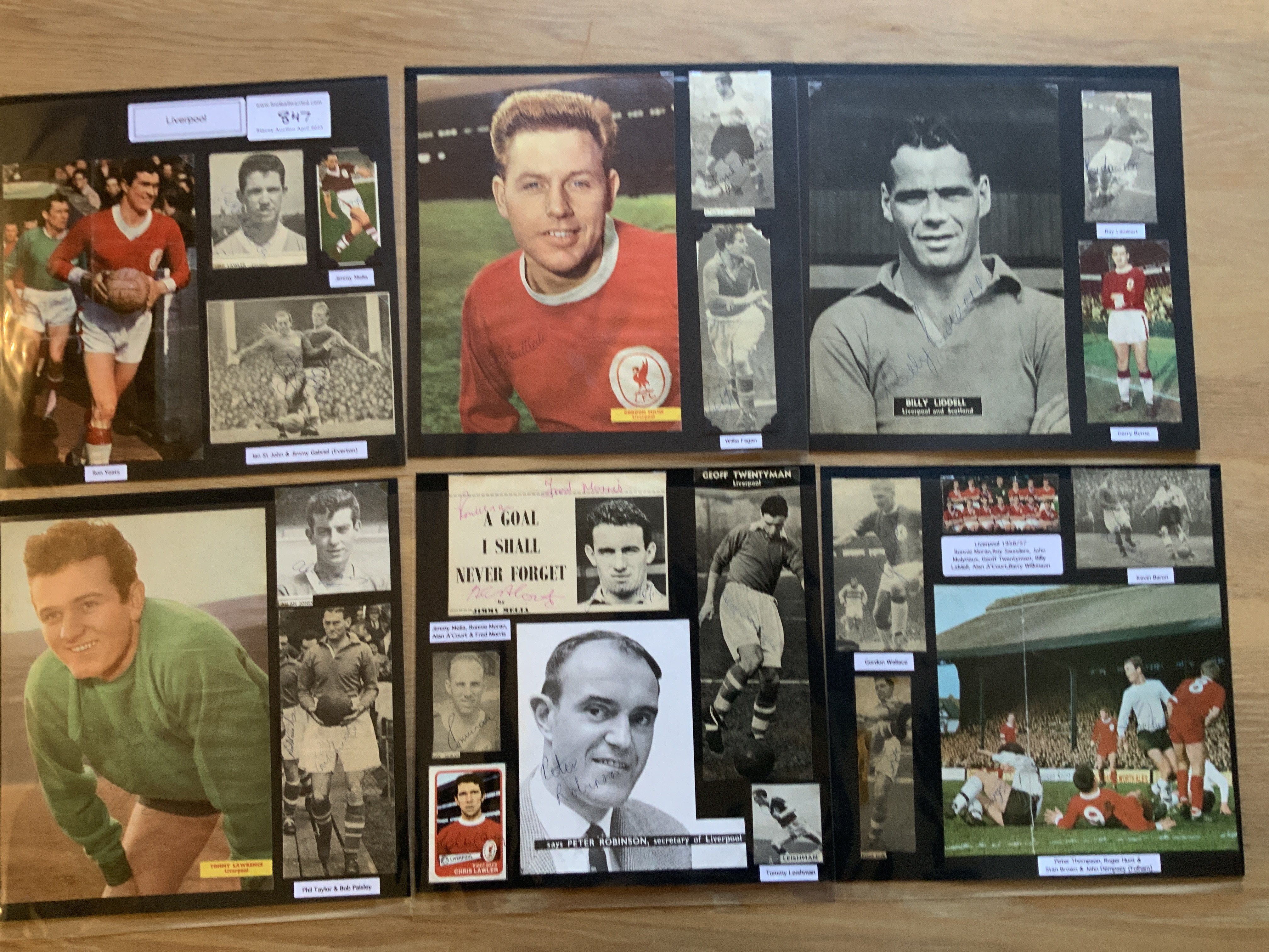 Liverpool 1940s 1950s 1960s Football Autograph Collection: Stunning private collection all pre 1970 from various publications. All signatures are identified and laid down with photo corners on 12 x 12 inch card and easily removable. 54 pages to include 1 fully signed team group, 17 signed trade cards, 3 signed autograph pages, 6 signed original press photos, a signed menu FA Cup winners 1965 with 14 autographs including Shankly and Paisley and 209 various sized pictures to include 27 A4. 101 different player signatures including Bill Shankly, Bob Paisley, Cyril Done, Ronnie Moran, Peter Robinson, Charlie Ashcroft, Billy Liddell, Roger Hunt, Alan ACourt, Emlyn Hughes, Albert Stubbins, Alf Arrowsmith, Gerry Byrne etc. (340+)