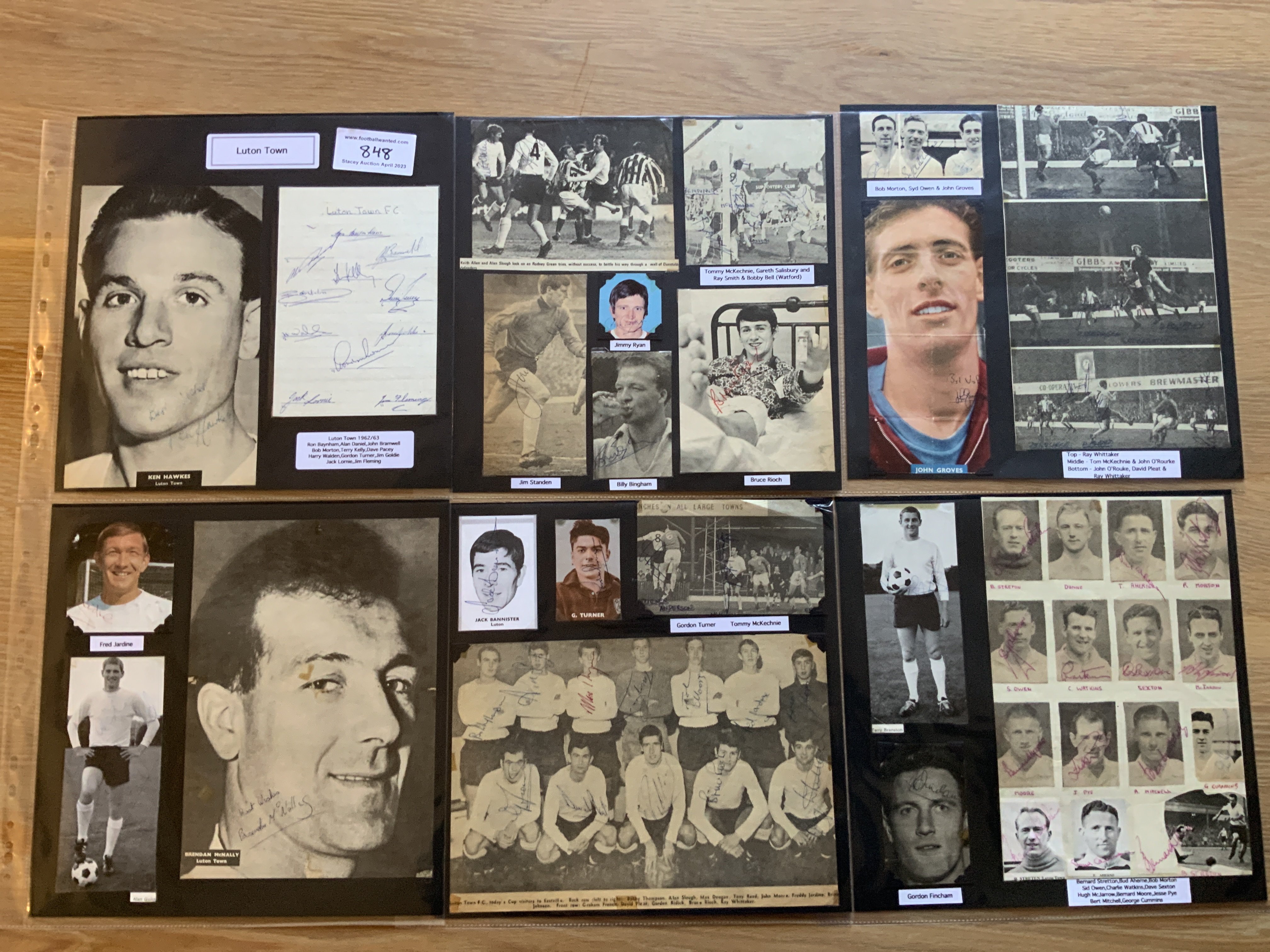 Luton Town 1940s 1950s 1960s Football Autograph Collection: Stunning private collection all pre 1970 from various publications. All signatures are identified and laid down with photo corners on 12 x 12 inch card and easily removable. 30 pages to include 2 fully signed team groups, 3 signed autograph pages, a signed programme with 12 autographs 1962/63 and 157 various sized pictures to include 14 A4. 111 different player signatures including Malcolm McDonald, David Pleat, Terry Branston, Gordon Turner, Syd Owen, Ron Davies, Joe McBride, Jim Standen, Alan Brown, Jimmy Ryan, John O'Rourke, Ron Baynham, Bud Aherne, Jesse Pye etc. (250+)