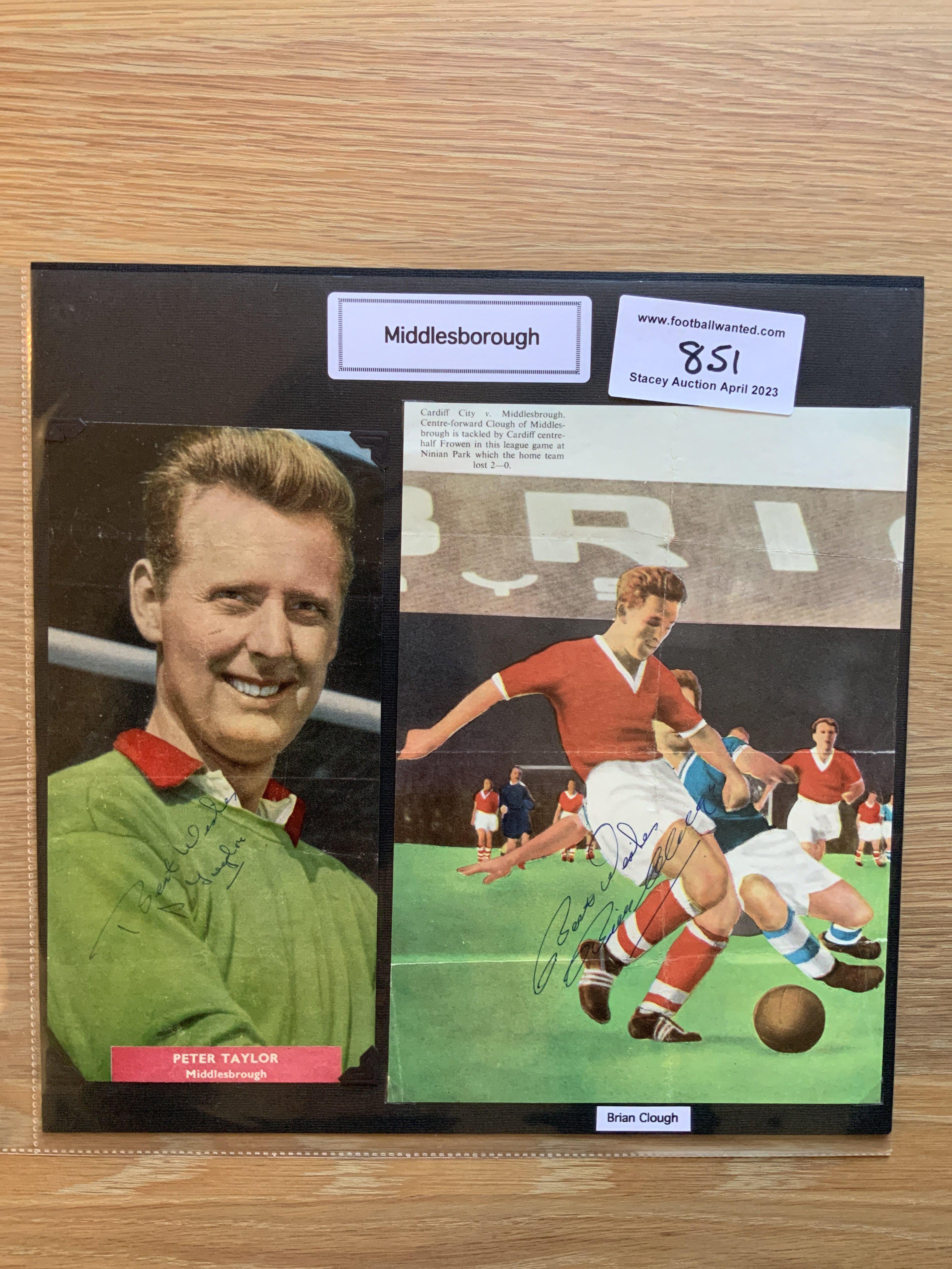 Middlesbrough 1940s 1950s 1960s Football Autograph Collection: Stunning private collection all pre 1970 from various publications. All signatures are identified and laid down with photo corners on 12 x 12 inch card and easily removable. 27 pages to include 2 fully signed team groups, 3 signed autograph pages, 3 signed original press photos and 155 various sized pictures to include 10 A4. 95 different player signatures including Brian Clough, Peter Taylor, Rolando Ugolini, Wilf Mannion, Willie Maddren, Lindy Delapenha, Cyril Knowles, Johnny Spuhler, Harold Shepherdson, Don Masson, Dick Robinson, Charlie Wayman etc. (230+)