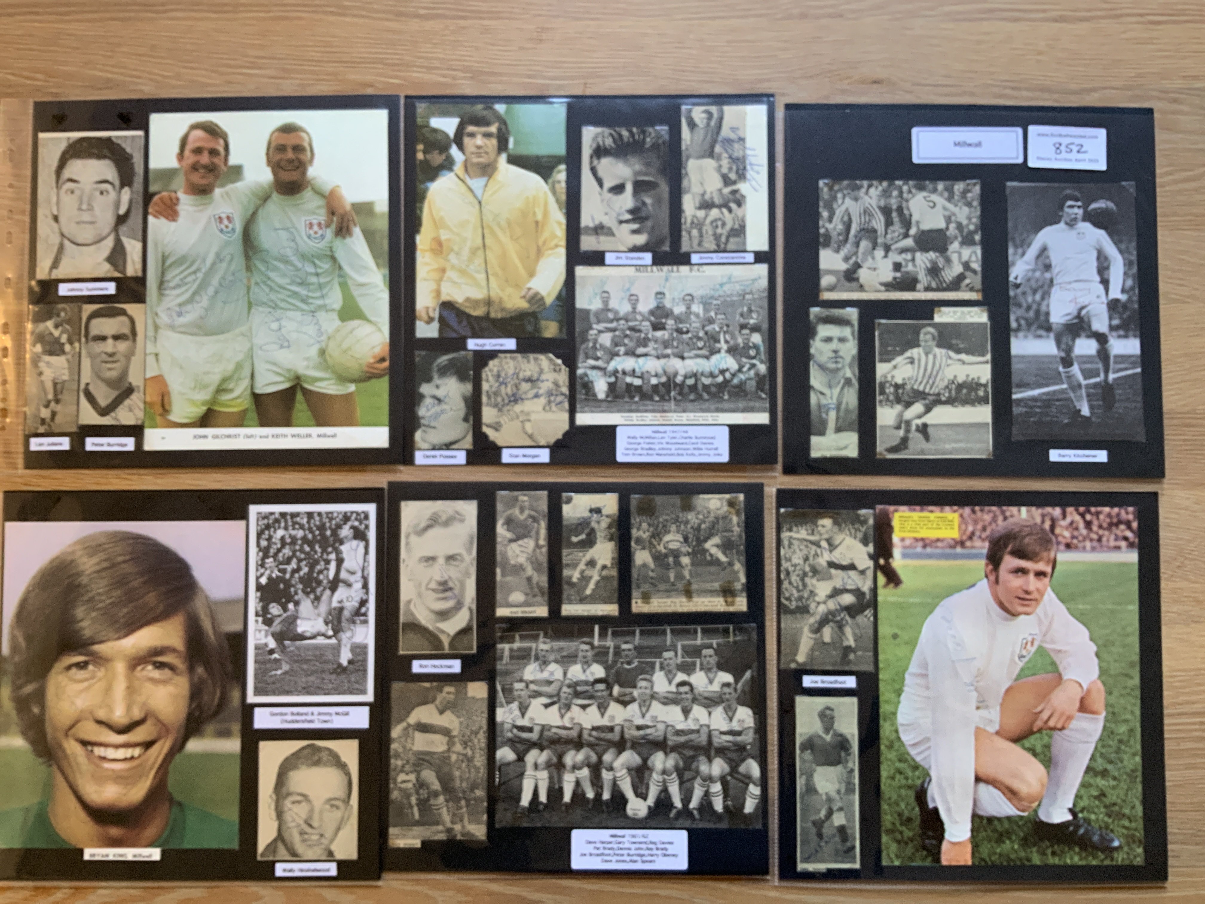Millwall 1940s 1950s 1960s Football Autograph Collection: Stunning private collection all pre 1970 from various publications. All signatures are identified and laid down with photo corners on 12 x 12 inch card and easily removable. 24 pages to include 2 fully signed team groups, 1 signed autograph page and 121 various sized pictures to include 10 A4. 95 different player signatures including Eamon Dunphy, Charlie Hurley, Keith Weller, Harry Cripps, Barry Kitchener, Bryan King, Derek Possee, Benny Fenton, Stan Anslow, Hugh Curran, George Fisher, Ted Hinton, Bobby Hunt, Alex Jardine etc. (160+)