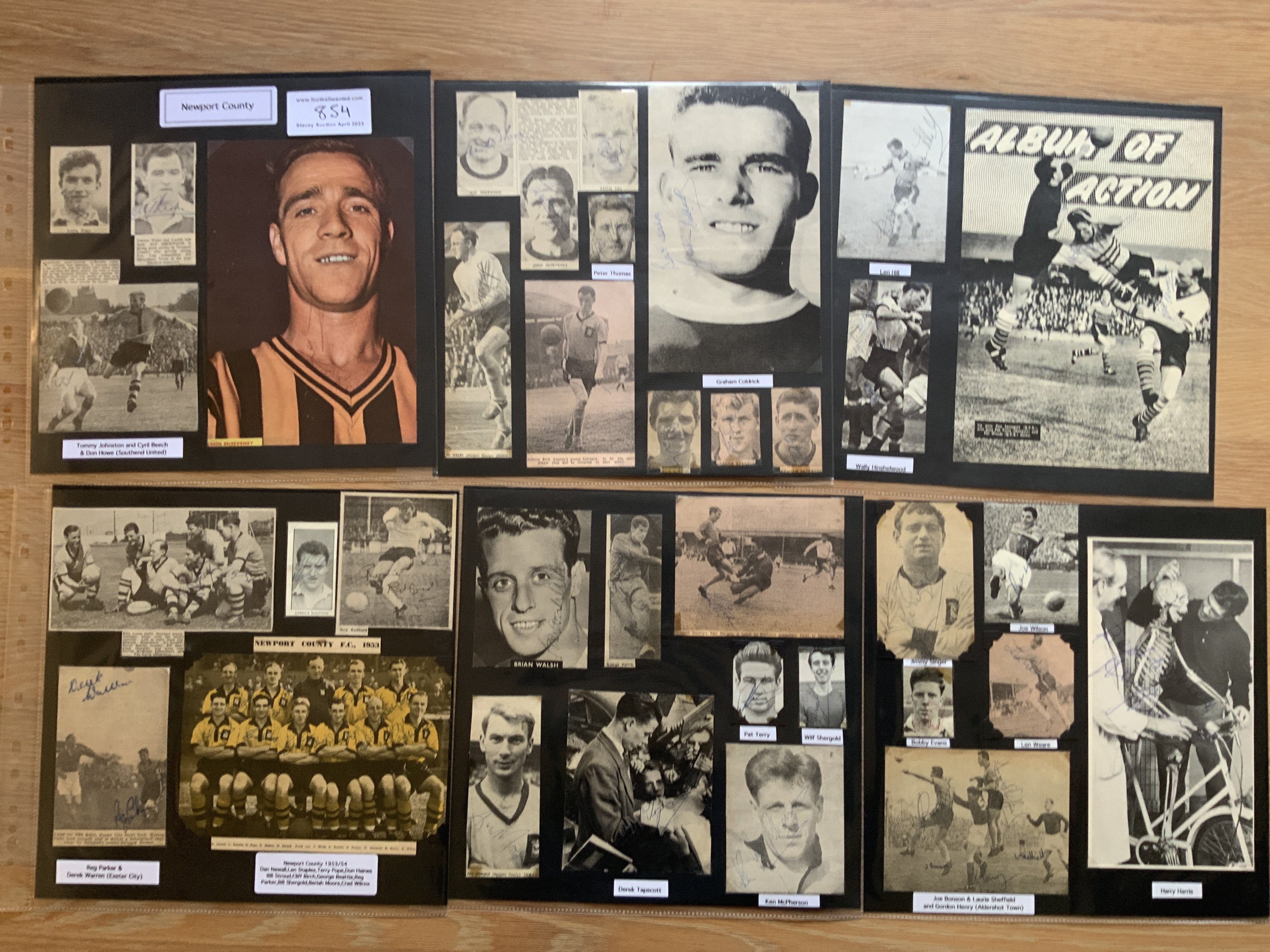 Newport County 1940s 1950s 1960s Football Autograph Collection: Stunning private collection all pre 1970 from various publications. All signatures are identified and laid down with photo corners on 12 x 12 inch card and easily removable. 15 pages to include 1 fully signed team group, 4 signed autograph pages, a signed programme with 11 autographs 1966/67 and 86 various sized pictures to include 4 A4. 95 different player signatures including Pat Terry, Trevor Ford, Tom Johnston, Beriah Moore, Gil Reece, Ollie Burton, Bobby Evans, Joe Bonson, Ray Wilcox, Ollie Burton, Ken Morgans, Ronnie Radford, Bill Shergold, Aldwyn Waite etc. (180+)