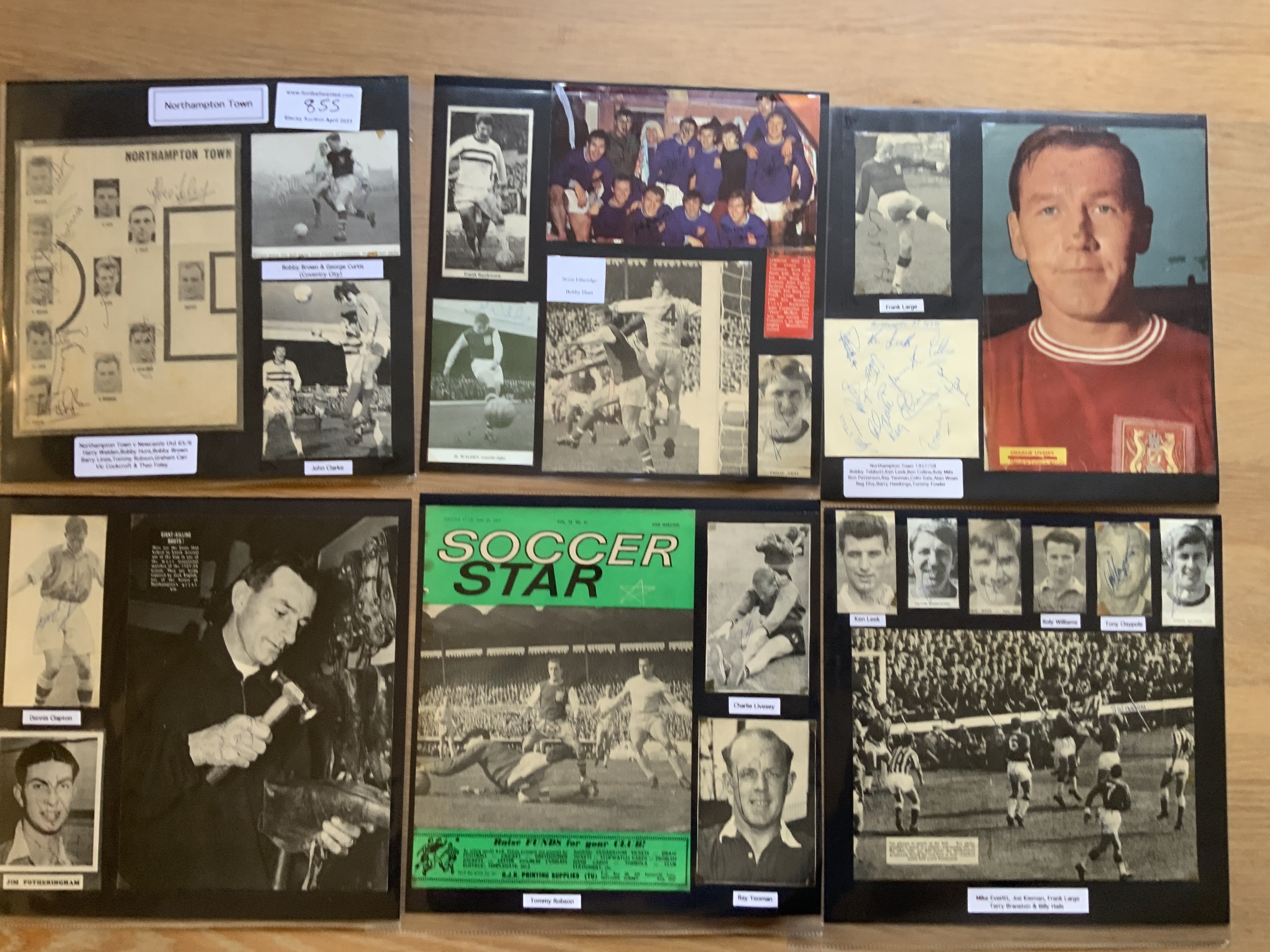 Northampton Town 1940s 1950s 1960s Football Autograph Collection: Stunning private collection all pre 1970 from various publications. All signatures are identified and laid down with photo corners on 12 x 12 inch card and easily removable. 54 pages to include 3 fully signed team groups including 1965/66, 12 signed autograph pages including 1965/66 with 22 autographs, signed Northampton Town letterhead with 25 autographs 1954/55, 3 signed original press photos, players signed original contract 1959/60 and 266 various sized pictures to include 17 A4. 185 different player signatures including Tommy Robson, Graham Carr, Joe Kiernan, Theo Foley, Ron Flowers, Frank Large, Ben Collins, Tommy Fowler, Jack English, John Fairbrother, Cliff Holton, Billy Best, Jack Ansell, Maurice Candlin, John Kurila, Graham Moore, Dave Bowen, Bill Barron, John Roberts, Phil Neal etc. (610+)