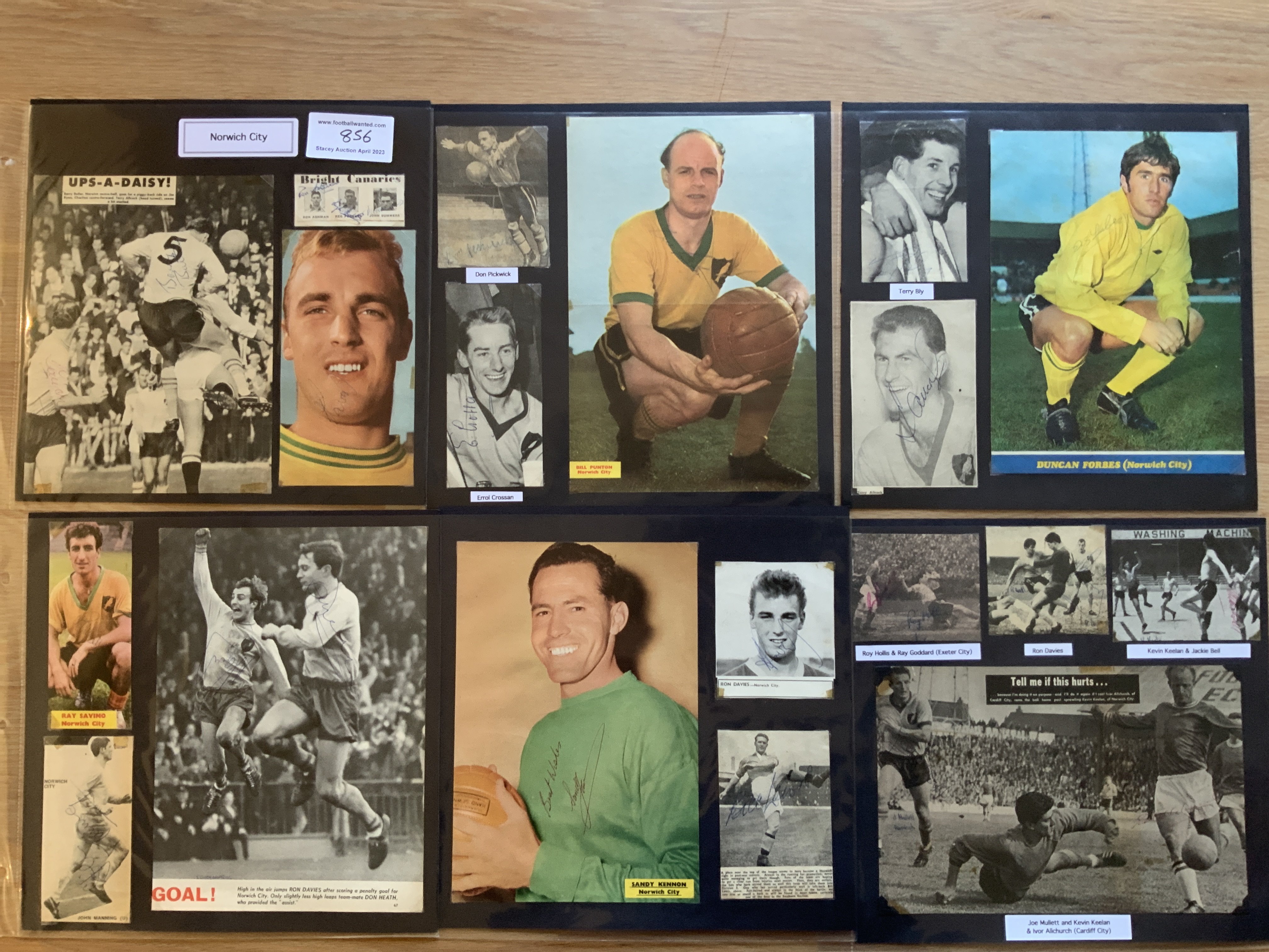 Norwich City 1940s 1950s 1960s Football Autograph Collection: Stunning private collection all pre 1970 from various publications. All signatures are identified and laid down with photo corners on 12 x 12 inch card and easily removable. 34 pages to include 2 fully signed team groups, 5 signed autograph pages and 166 various sized pictures to include 17 A4. 120 different player signatures including Ken Nethercott, Duncan Forbes, Ken Foggo, Ron Davies, Terry Bly, Don Pickwick, Roy Hollis, John Gavin, Graham Paddon, Hugh Curran, Johnny Summers, Kevin Keelan, Tommy Bryceland etc. (320+)