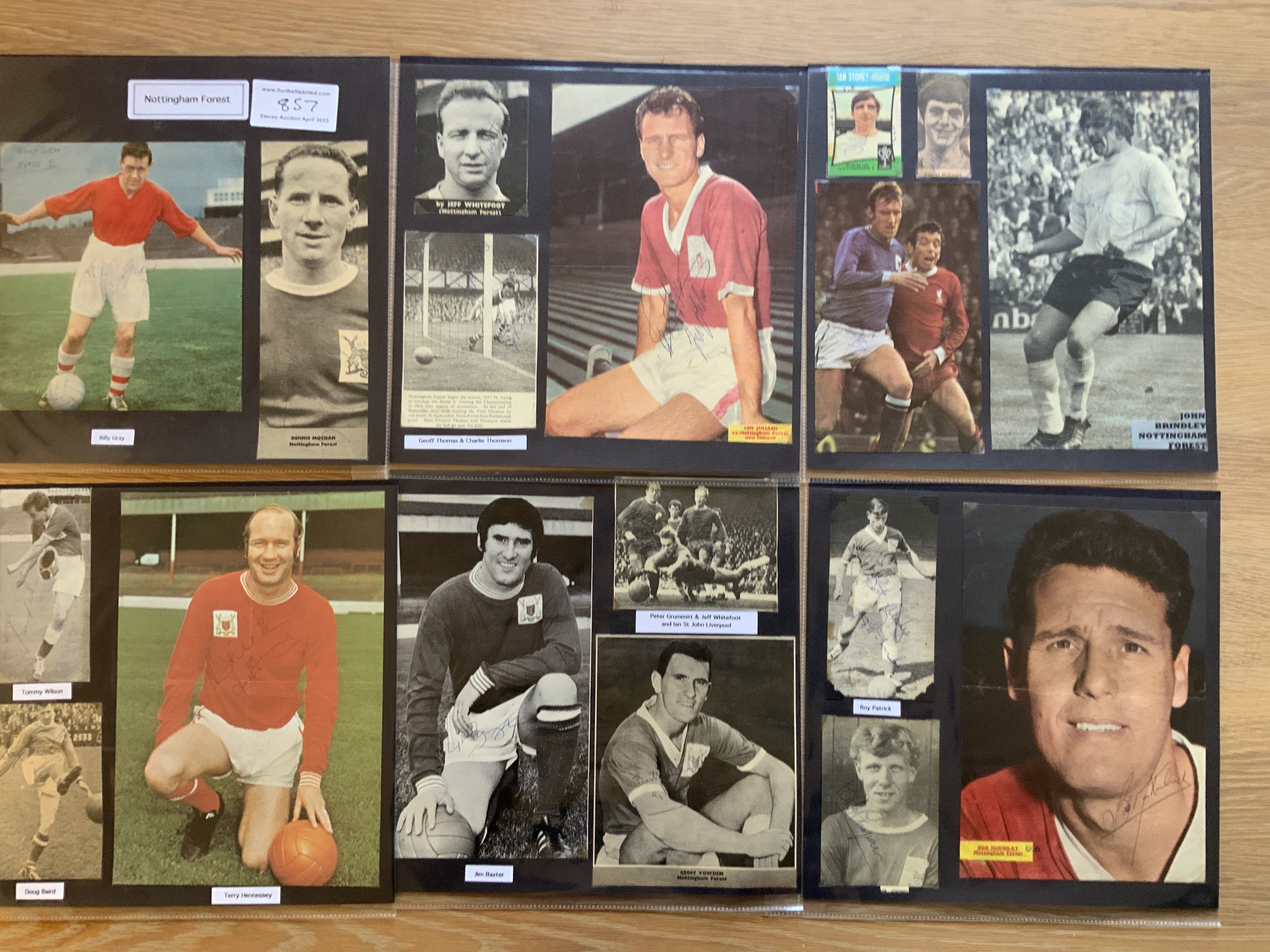 Nottingham Forest 1940s 1950s 1960s Football Autograph Collection: Stunning private collection all pre 1970 from various publications. All signatures are identified and laid down with photo corners on 12 x 12 inch card and easily removable. 44 pages to include 2 fully signed team groups, 10 signed trade cards, 3 signed autograph pages, a signed programme with 13 autographs 1964/65, 3 signed original press photos and 183 various sized pictures to include 25 A4. 107 different player signatures including Frank Wignall, Jack Burkitt, Ian Storey-Moore, Duncan McKenzie, Tommy Martin, Jim Baxter, Trevor Hockey, John Love, Colin Collindridge, Wally Ardron, Roy Dwight, Dick Le Flem, Horace Gager etc. (320+)