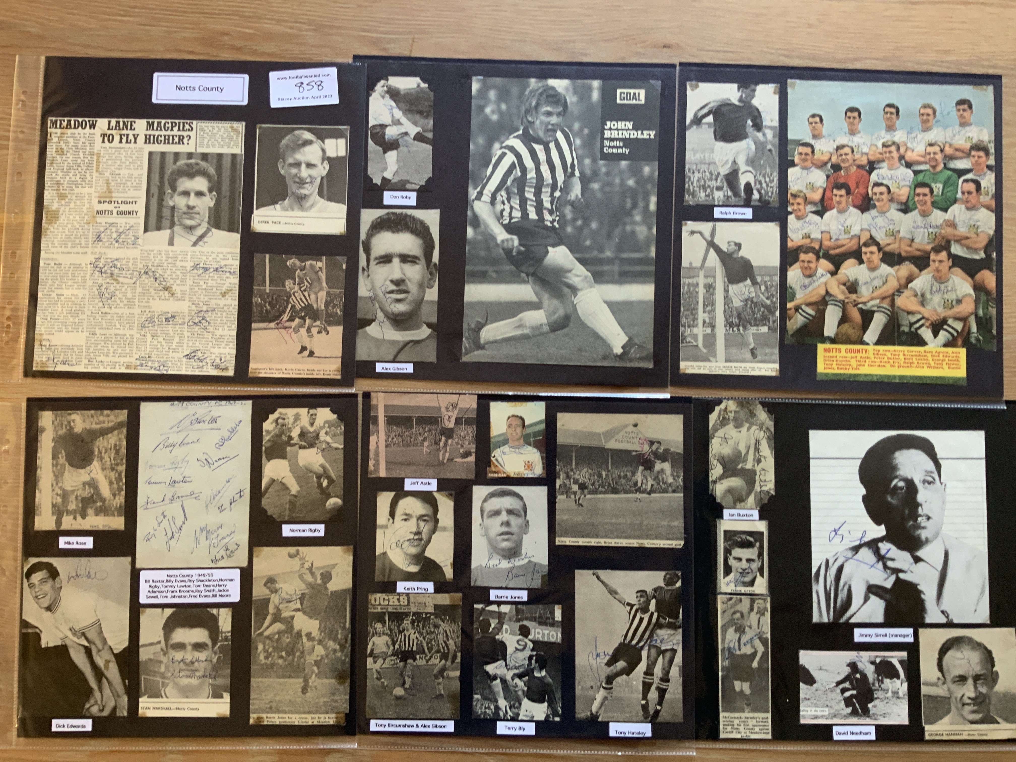 Notts County 1940s 1950s 1960s Football Autograph Collection: Stunning private collection all pre 1970 from various publications. All signatures are identified and laid down with photo corners on 12 x 12 inch card and easily removable. 22 pages to include 2 fully signed team groups, 3 signed autograph pages and 120 various sized pictures to include 5 A4. 127 different player signatures including Tony Hateley, Ron Wylie, Leon Luety, Jeff Astle, Tommy Lawton, Bert Loxley, Dick Edwards, Derek Pace, Don Masson, Les Bradd, Jackie Sewell, Frank Broome, Don Roby, Bill Baxter, Tommy Deans etc. (260+)
