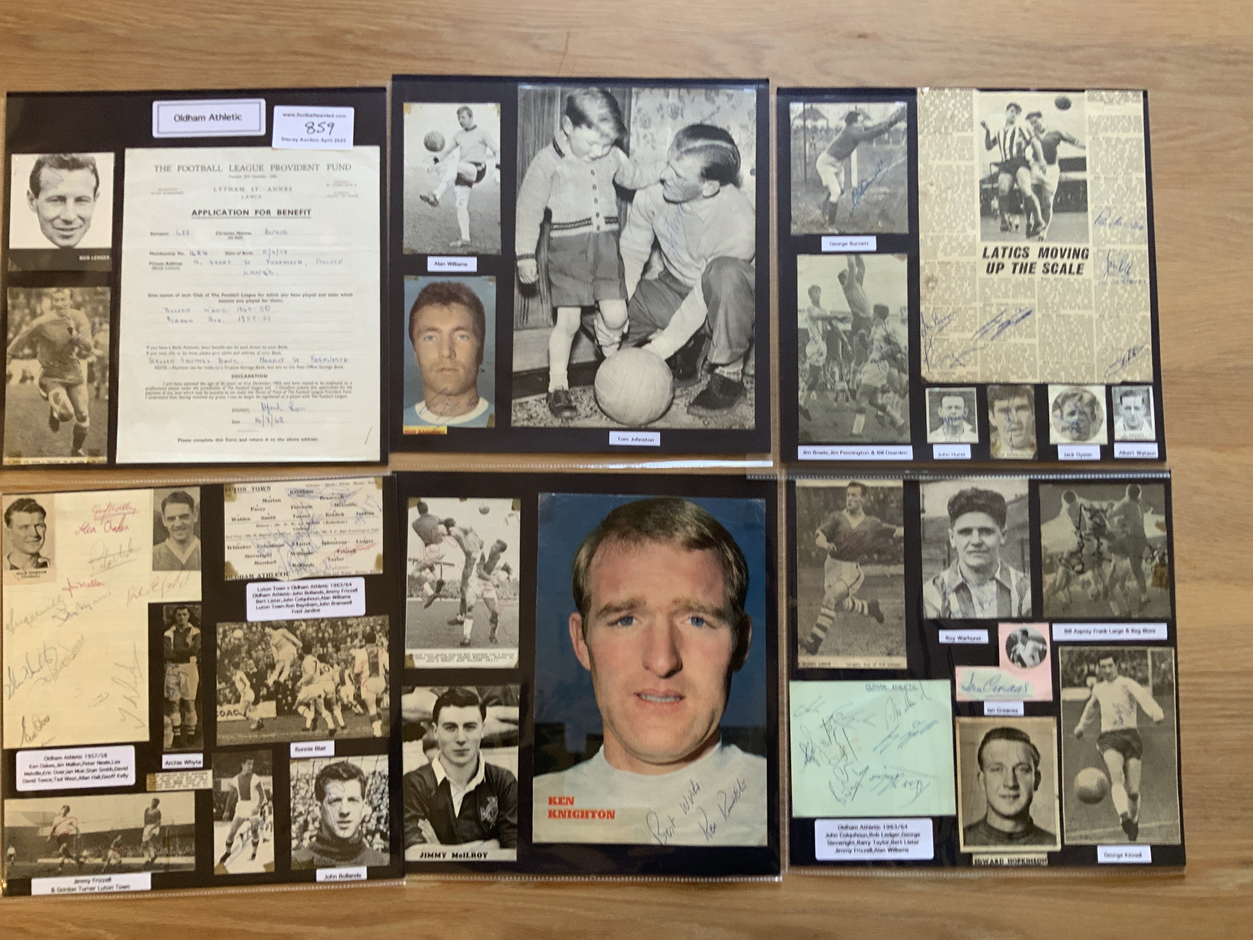 Oldham Athletic 1940s 1950s 1960s Football Autograph Collection: Stunning private collection all pre 1970 from various publications. All signatures are identified and laid down with photo corners on 12 x 12 inch card and easily removable. 21 pages to include 1 fully signed team group, 5 signed autograph pages, 3 signed original press photos and 114 various sized pictures to include 5 A4. 110 different player signatures including George Hardwick, Bob Ledger, Tommy Bryceland, Brian Birch, Jimmy Frizzell, Bobby Johnstone, Tommy Johnston, Frank Large, Jim Bowie, Jim Fryatt, Bert Lister, Reg Blore, Ian Greaves, John Bollands etc. (220+)