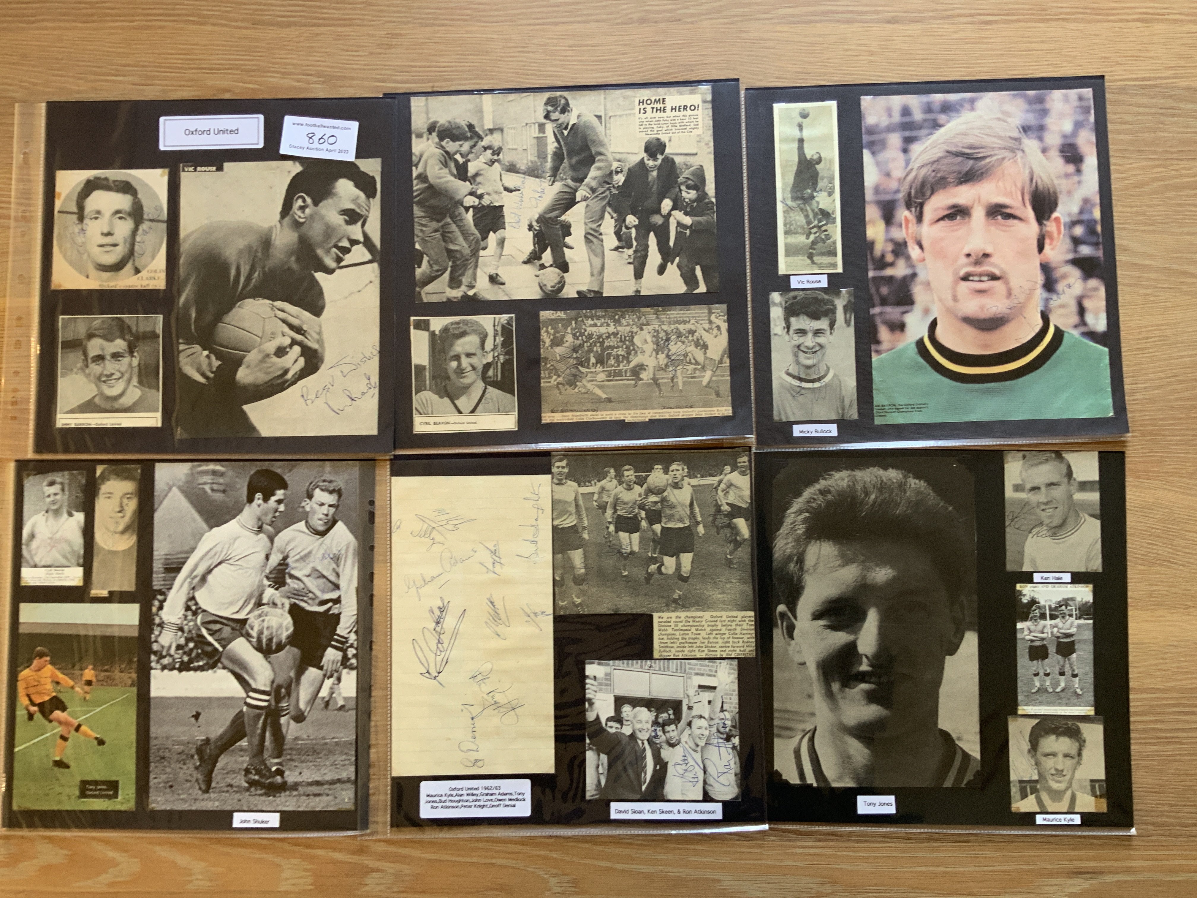 Oxford United 1940s 1950s 1960s Football Autograph Collection: Stunning private collection all pre 1970 from various publications. All signatures are identified and laid down with photo corners on 12 x 12 inch card and easily removable. 18 pages to include 2 fully signed team groups, 5 signed autograph pages, 2 signed original press photos and 62 various sized pictures to include 11 A4. 55 different player signatures including Ron Atkinson, Arthur Turner, Peter Knight, Colin Booth, Bud Houghton, Ken Skeen, Jim Barron, Micky Bullock, Graham Atkinson, David Sloan, Vic Rouse, Pat Quartermain, Brian Lewis etc. (180+)