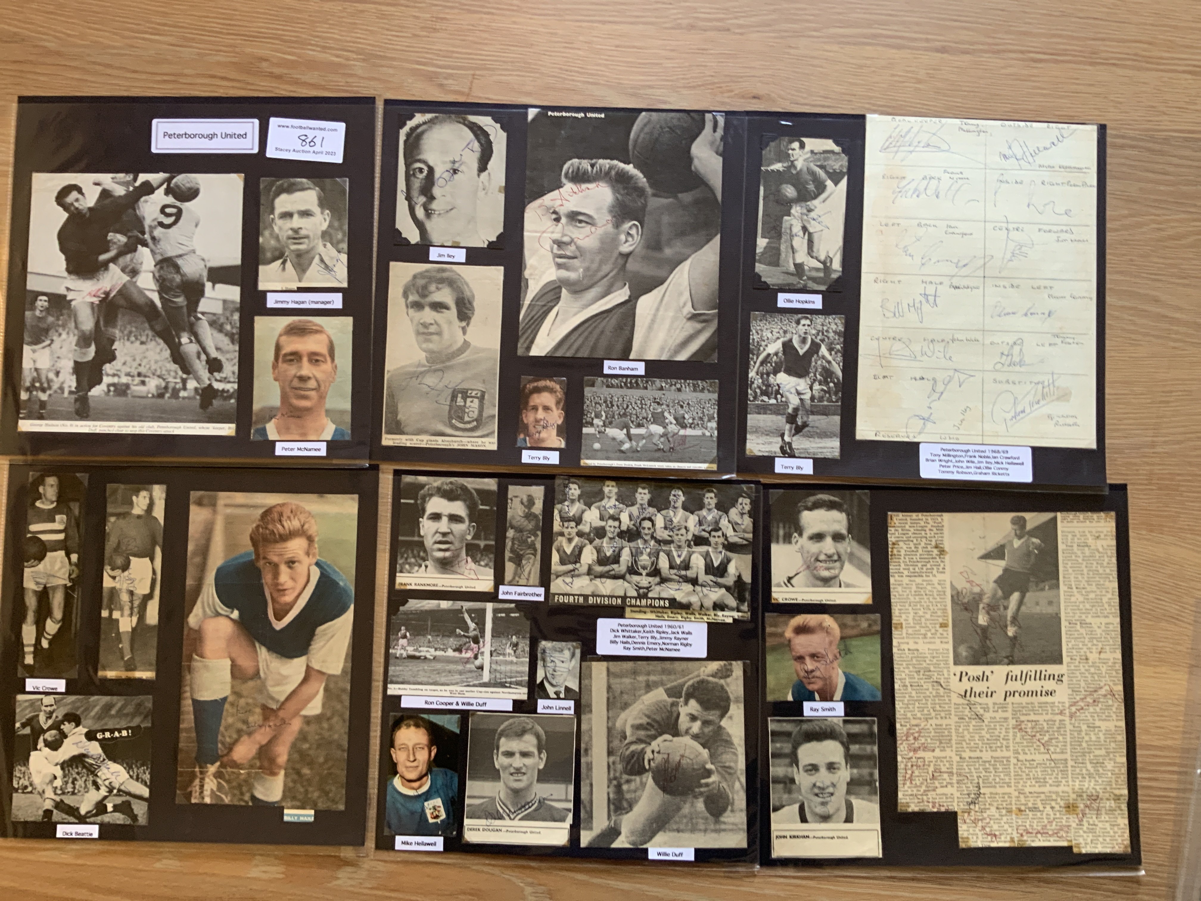 Peterborough United 1940s 1950s 1960s Football Autograph Collection: Stunning private collection all pre 1970 from various publications. All signatures are identified and laid down with photo corners on 12 x 12 inch card and easily removable. 19 pages to include 2 fully signed team groups, 3 signed autograph pages and 106 various sized pictures to include 3 A4. 85 different player signatures including Derek Dougan, Ollie Hopkins, Jim Hall, Tommy Robson, Frank Rankmore, Vic Crowe, John Wile, George Hudson, Terry Bly, Mike Hellawell, Derek Kevan, Jim Hagan, Dennis Emery, Jack Walls, Jim Iley etc. (210+)