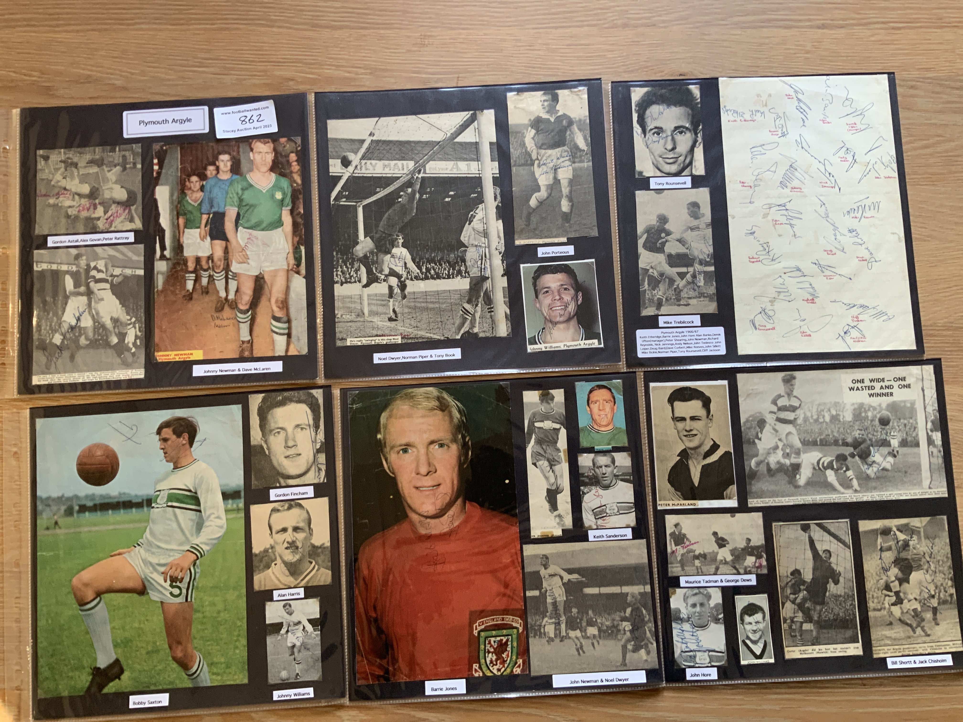 Plymouth Argyle 1940s 1950s 1960s Football Autograph Collection: Stunning private collection all pre 1970 from various publications. All signatures are identified and laid down with photo corners on 12 x 12 inch card and easily removable. 28 pages to include 2 fully signed team groups, 5 signed autograph pages, 2 signed original press photos and 167 various sized pictures to include 7 A4. 114 different player signatures including Jack Leslie, Sammy Black, Bob Saxton, Bill Shortt, John Porteous, Jack Chisholm, Tony Book, Gordon Astall, Wilf Carter, Nick Jennings, Norman Piper, Mike Trebilcock, Alan Banks, Malcolm Allison etc. (330+)