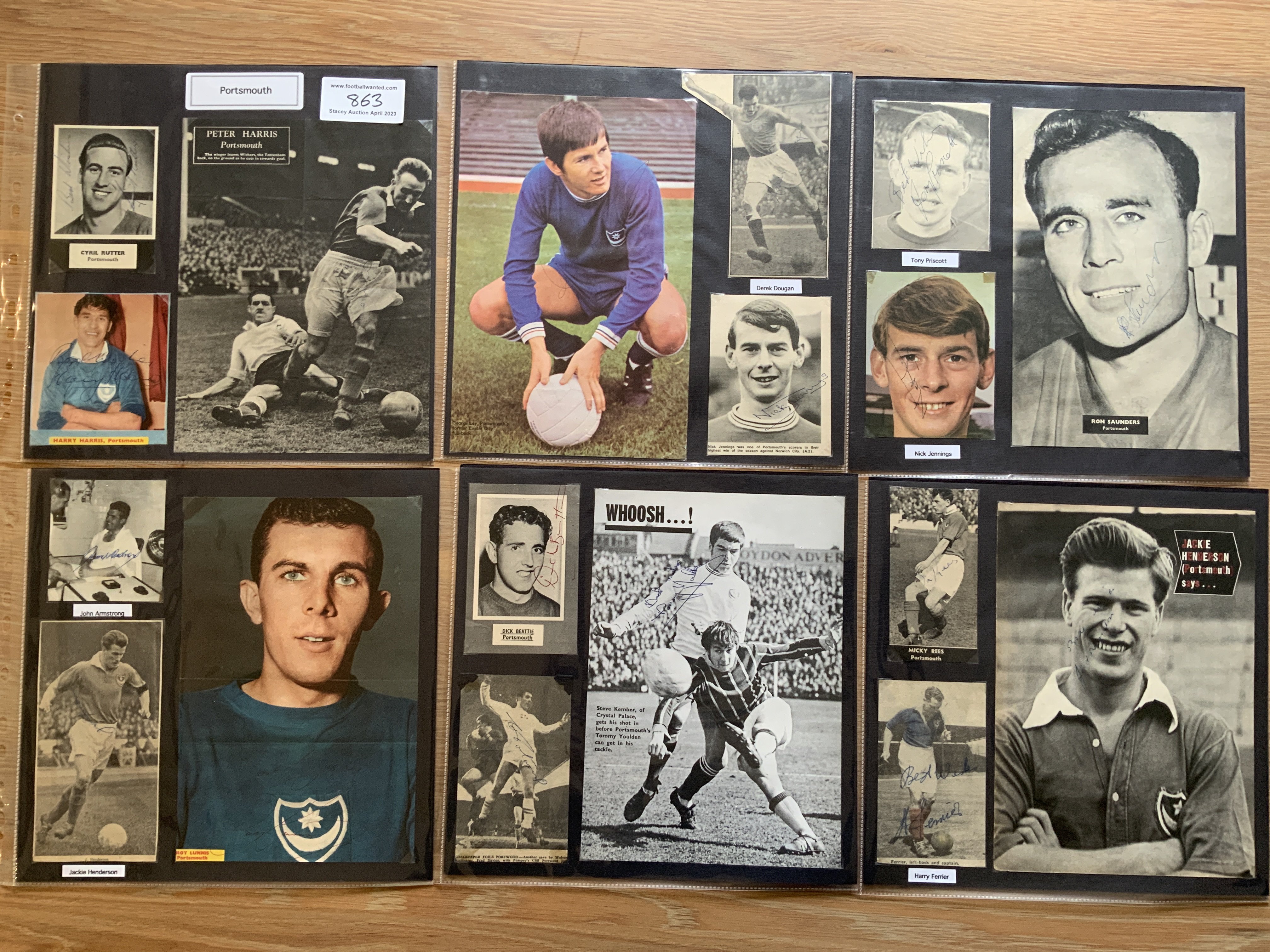 Portsmouth 1940s 1950s 1960s Football Autograph Collection: Stunning private collection all pre 1970 from various publications. All signatures are identified and laid down with photo corners on 12 x 12 inch card and easily removable. 35 pages to include 2 fully signed team groups, 3 signed autograph pages, 3 signed original press photos and 160 various sized pictures to include 17 A4. 98 different player signatures including Ernie Butler, Ike Clarke, Bert Barlow, Ray Crawford, Marcel Galliard, Harry Harris, Mike Trebilcock, Norman Uprichard, Ray Pointer, Gordon Dale, Ray Hiron, Albert McCann, Derek Dougan etc. (250+)