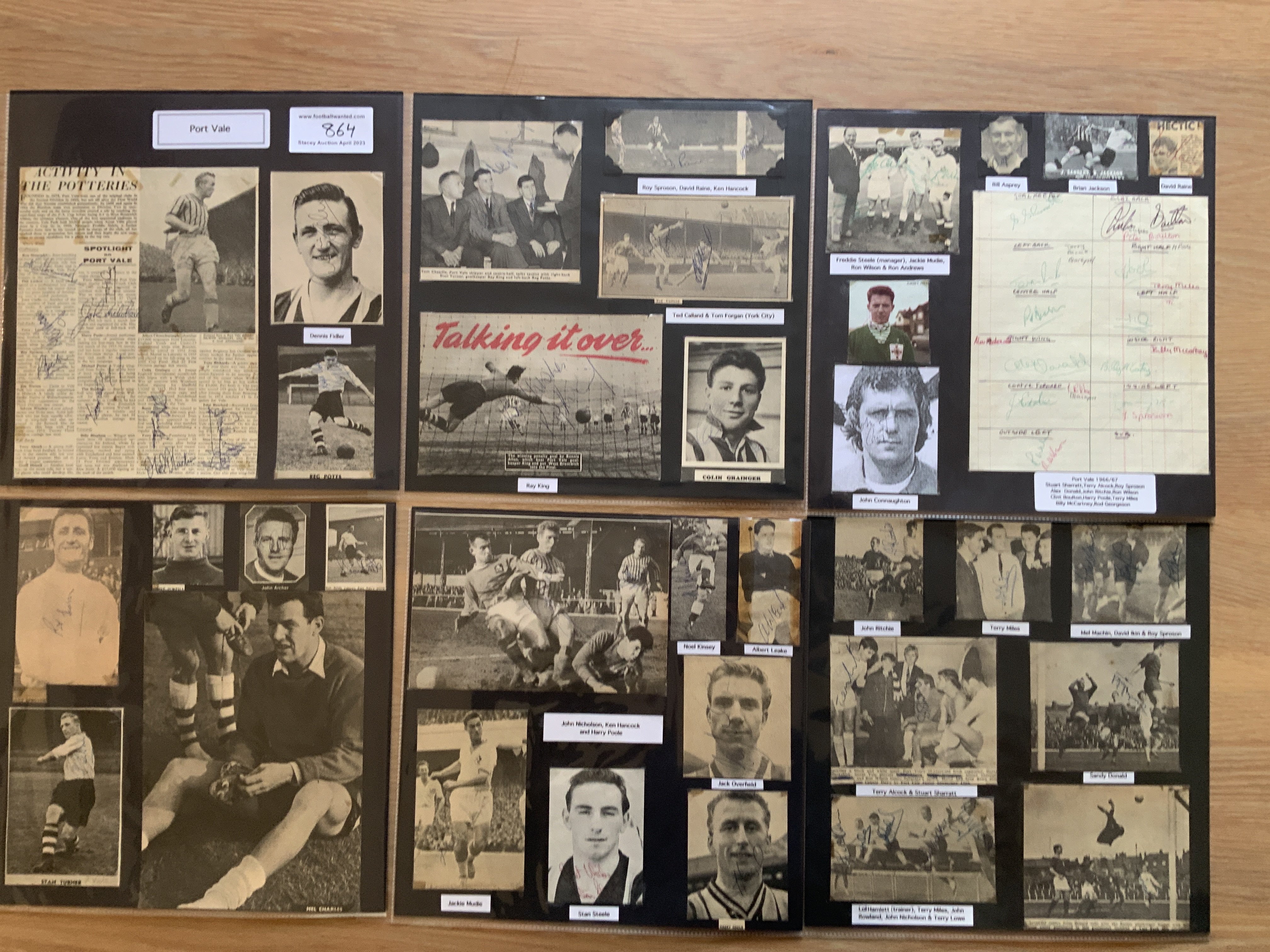 Port Vale 1940s 1950s 1960s Football Autograph Collection: Stunning private collection all pre 1970 from various publications. All signatures are identified and laid down with photo corners on 12 x 12 inch card and easily removable. 23 pages to include 2 fully signed team groups, 3 signed autograph pages, a signed original press photo and 118 various sized pictures to include 6 A4. 106 different player signatures including Tom Cheadle, John James, Stan Steele, Roy Sproson, Brian Horton, Ken Hancock, Jackie Mudie, Sammy Chapman, John Nicholson, Peter Taylor, John Poole, Eddie Baily, Cyril Done, Billy Bingham etc. (260+)