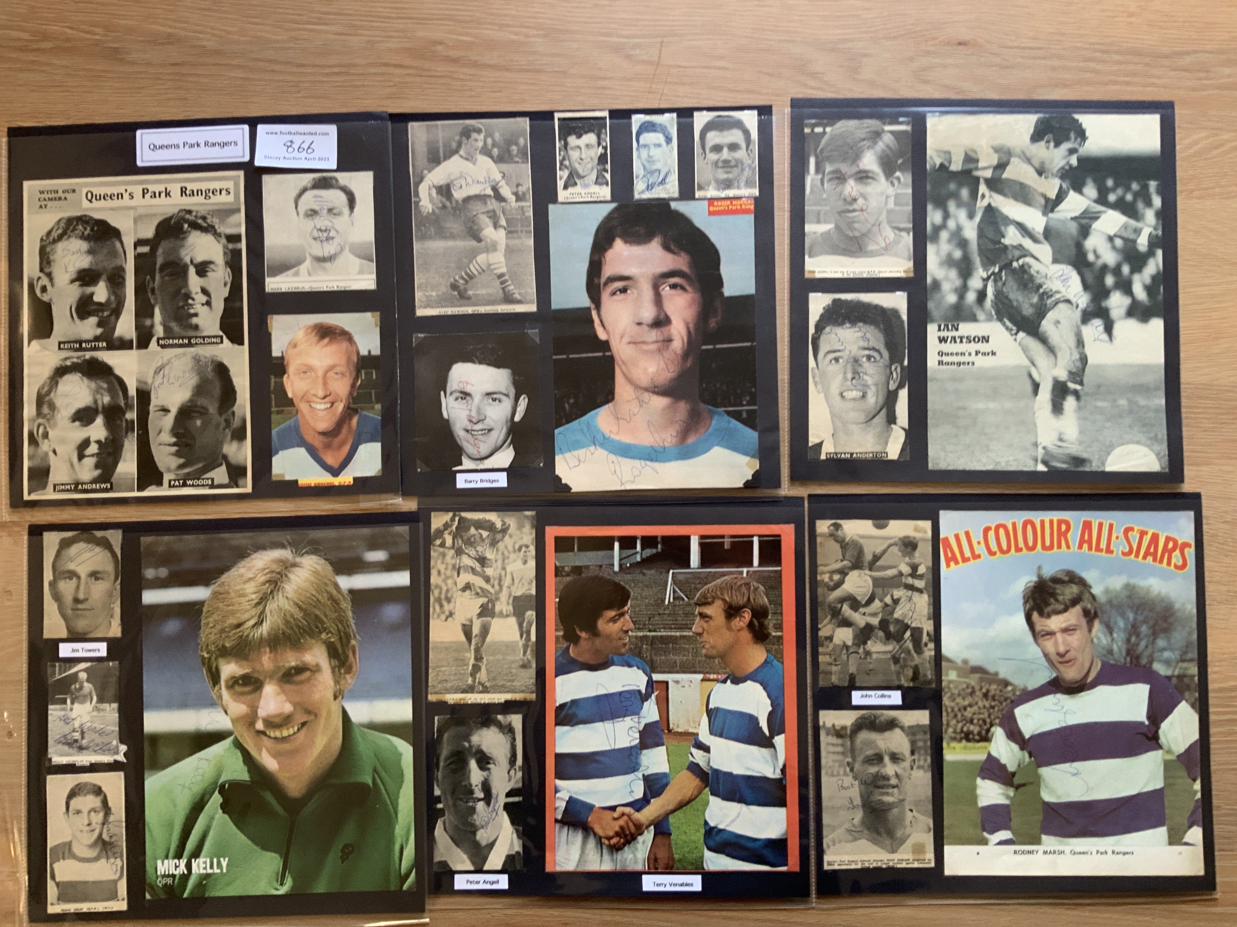 QPR Queens Park Rangers 1940s 1950s 1960s Football Autograph Collection: Stunning private collection all pre 1970 from various publications. All signatures are identified and laid down with photo corners on 12 x 12 inch card and easily removable. 36 pages to include 2 fully signed team groups, 5 signed autograph pages, 4 signed original press photos and 154 various sized pictures to include 15 A4. 106 different player signatures including Peter Angell, Rodney Marsh, Tony Ingham, Stuart Leary, Ivor Powell, Jim Towers, Les Allen, Dave Clement, Brian Bedford, Mike Keen, Alec Stock, Mick Leach, Ernie Shepherd, Bert Addinall etc. (300+)