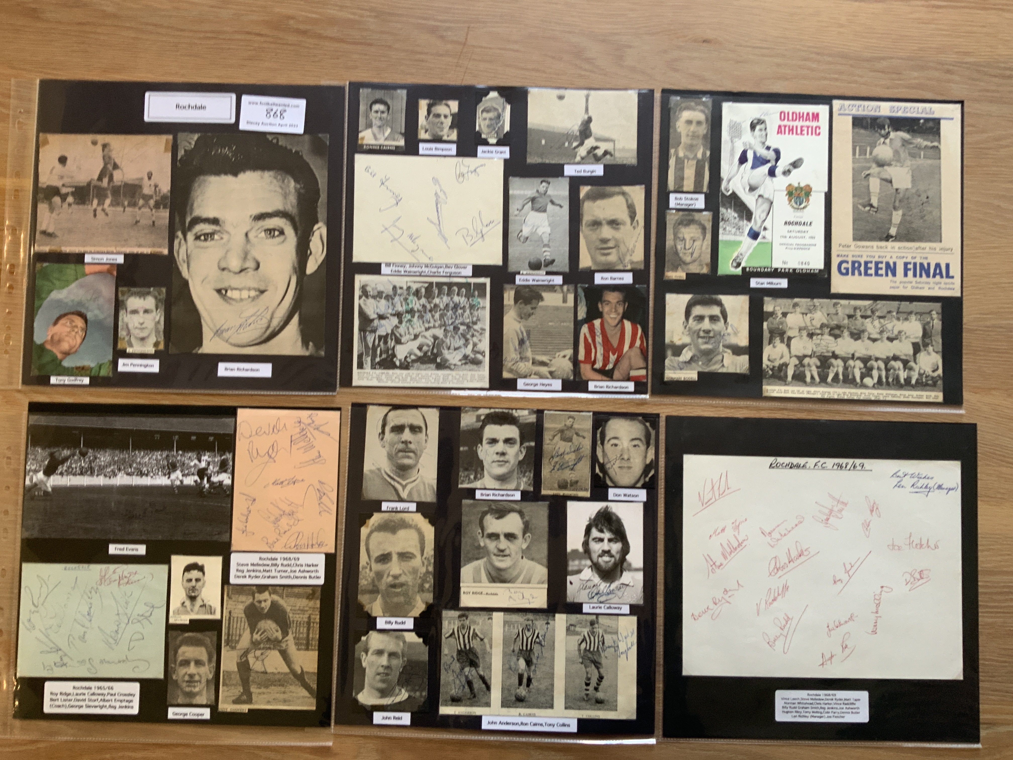 Rochdale 1940s 1950s 1960s Football Autograph Collection: Stunning private collection all pre 1970 from various publications. All signatures are identified and laid down with photo corners on 12 x 12 inch card and easily removable. 12 pages to include 1 fully signed team group, 9 signed autograph pages and 61 various sized pictures to include 2 A4. 99 different player signatures including David Cross, Eddie Wainwright, Frank Lord, Eric Gemmell, Hughen Riley, Walter Birch, Stan Milburn, Louis Bimpson, Bert Lister, Jackie Grant, Bob Stokoe, Peter Gowans, Dennis Butler, Bev Glover etc. (170+)