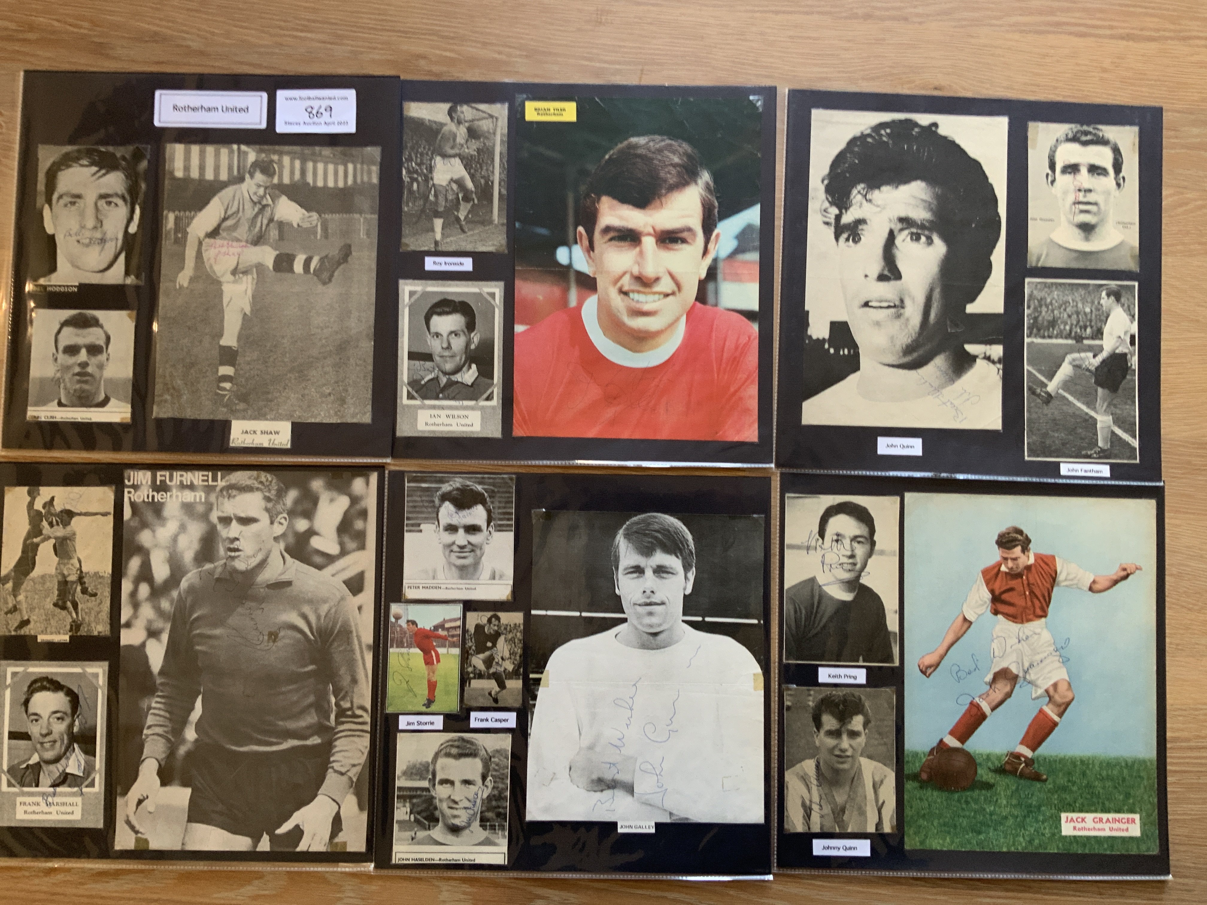 Rotherham United 1940s 1950s 1960s Football Autograph Collection: Stunning private collection all pre 1970 from various publications. All signatures are identified and laid down with photo corners on 12 x 12 inch card and easily removable. 25 pages to include 2 fully signed team groups, 4 signed autograph pages, 2 signed original press photos and 124 various sized pictures to include 12 A4. 97 different player signatures including Dave Watson, Terry Farmer, John Galley, Brian Tiler, Jock Quairney, Jack Grainger, Barry Lyons, Ronnie Burke, Roy Lambert, Albert Bennett, Alan Hill, Colin Rawson, Wally Ardron, Frank Casper etc. (260+)