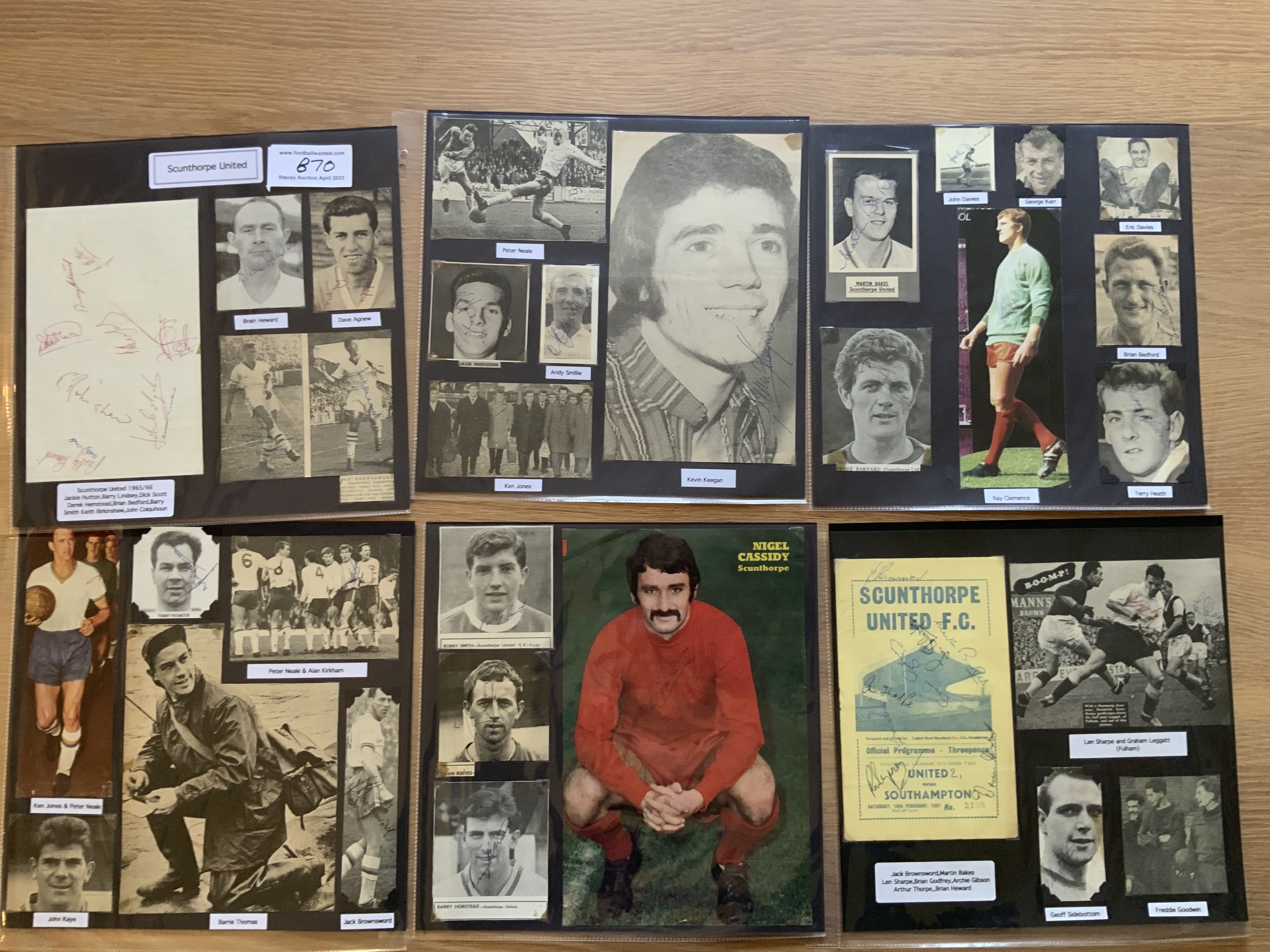 Scunthorpe United 1940s 1950s 1960s Football Autograph Collection: Stunning private collection all pre 1970 from various publications. All signatures are identified and laid down with photo corners on 12 x 12 inch card and easily removable. 17 pages to include 2 fully signed team groups, 3 signed autograph pages, 2 signed programmes including 1961/62 with 13 autographs and 93 various sized pictures to include 4 A4. 93 different player signatures including Keith Burkinshaw, Kevin Keegan, Ray Clemence, Dick White, Geoff Barnard, John Kaye, Jack Haigh, Jack Marriot, Barrie Thomas, Ian Lawther, Nigel Cassidy, Len Sharpe, Brian Godfrey, Ken Jones etc. (220+)