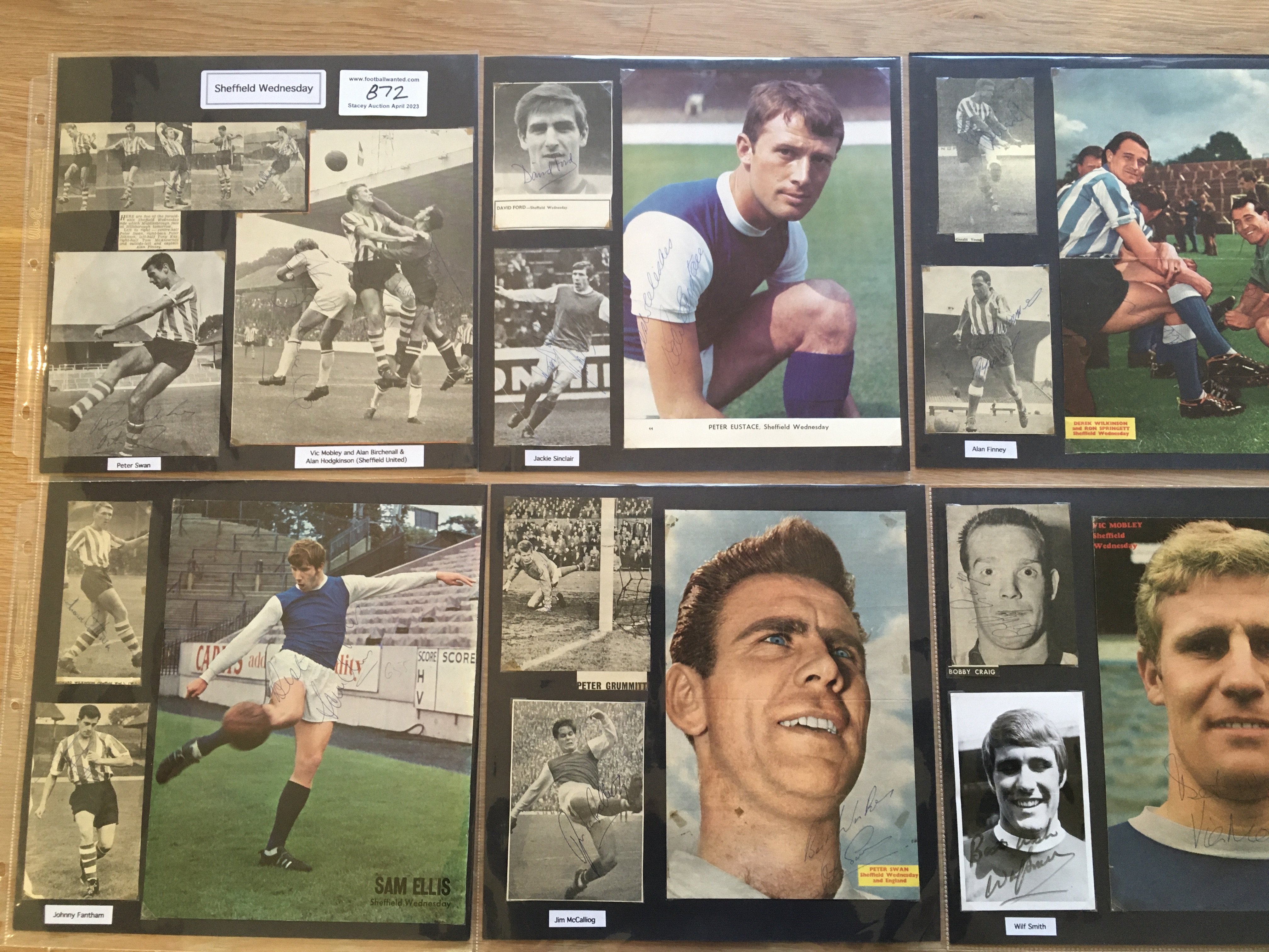 Sheffield Wednesday 1940s 1950s 1960s Football Autograph Collection: Stunning private collection all pre 1970 from various publications. All signatures are identified and laid down with photo corners on 12 x 12 inch card and easily removable. 44 pages to include 3 fully signed team groups, 3 signed autograph pages, 6 signed original press photos and 177 various sized pictures to include 28 A4. 103 different player signatures including Albert Quixall, Alan Warboys, Brian Hill, Jackie Sewell, Jack Whitham, Jim McCalliog, David Layne, Peter Swan, Tony Kay, Tommy Craig, Hugh Swift, Clarrie Jordan, Derek Dooley, Alan Finney etc. (280+)