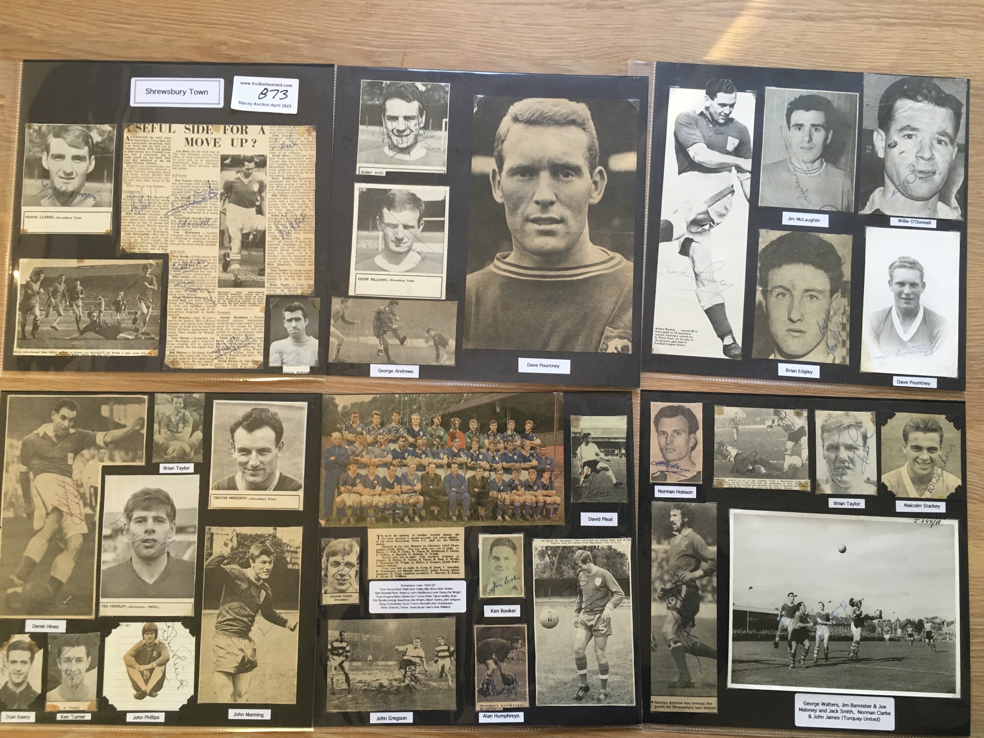 Shrewsbury Town 1940s 1950s 1960s Football Autograph Collection: Stunning private collection all pre 1970 from various publications. All signatures are identified and laid down with photo corners on 12 x 12 inch card and easily removable. 14 pages to include 3 fully signed team groups including 1952/53 with 23 autographs, 2 signed autograph pages, 3 signed original press photos, signed club letterhead with 13 autographs 1960/61 and 65 various sized pictures to include 2 A4. 101 different player signatures including Alf Wood, Frank Clarke, Jim Bullions, Arthur Rowley, Dave Pountney, Barry Stobart, Gordon Lee, Jimmy McLaughlin, Alan Boswell, Joe Maloney, Harry Gregg, John Phillips, Graham Turner etc. (190+)