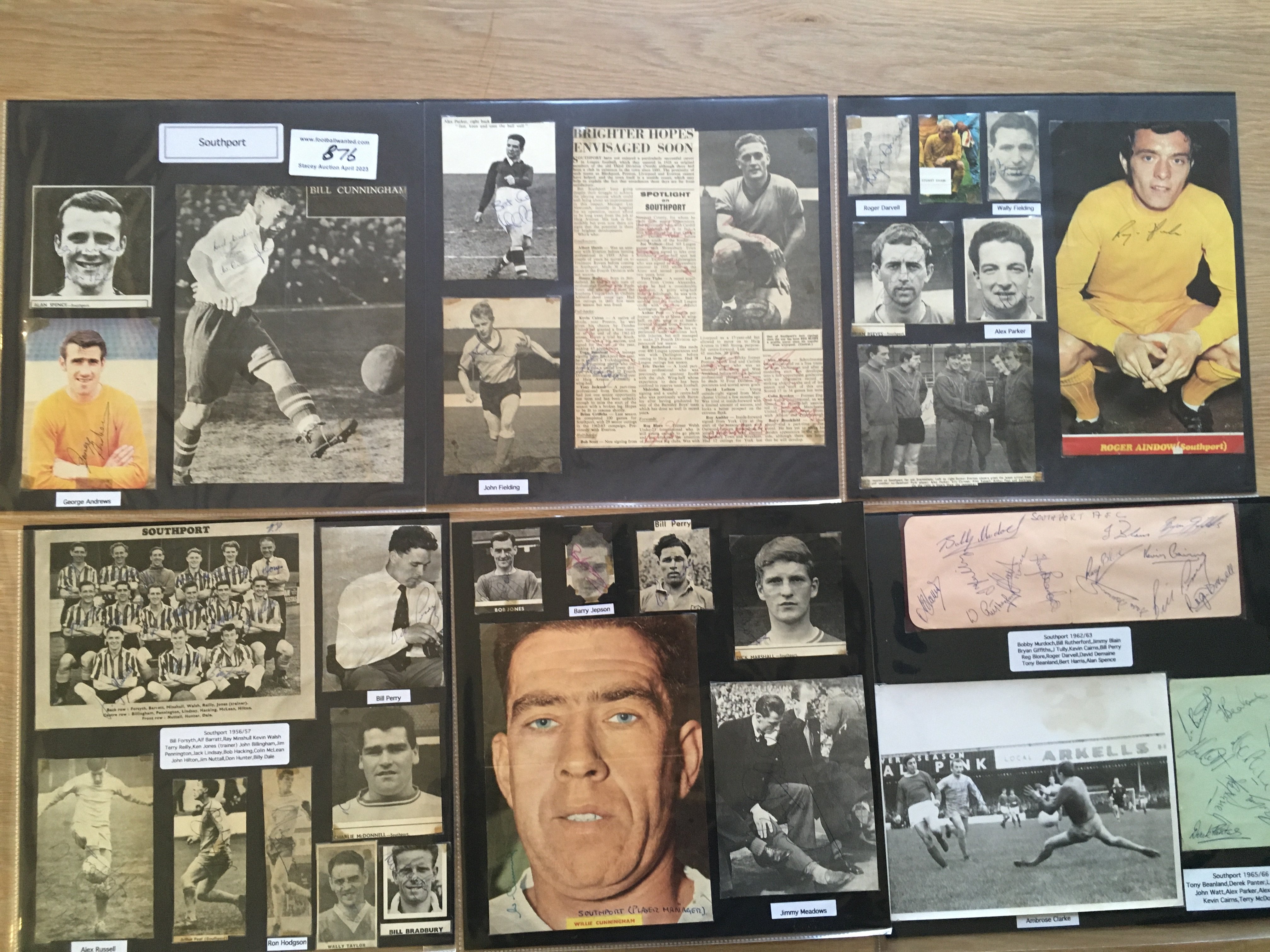 Southport 1940s 1950s 1960s Football Autograph Collection: Stunning private collection all pre 1970 from various publications. All signatures are identified and laid down with photo corners on 12 x 12 inch card and easily removable. 14 pages to include 2 fully signed team groups, 6 signed autograph pages, 2 signed original press photos and 70 various sized pictures to include 3 A4. 105 different player signatures including Keith Jones, Reg Blore, Alan Spence, Brian Reeves, Bill Rutherford, Jack Lindsay, Alex Parker, Jim Fryatt, George Andrews, Stan Mortensen, Ambrose Clarke, John Richardson, Arthur Peat etc. (190+)