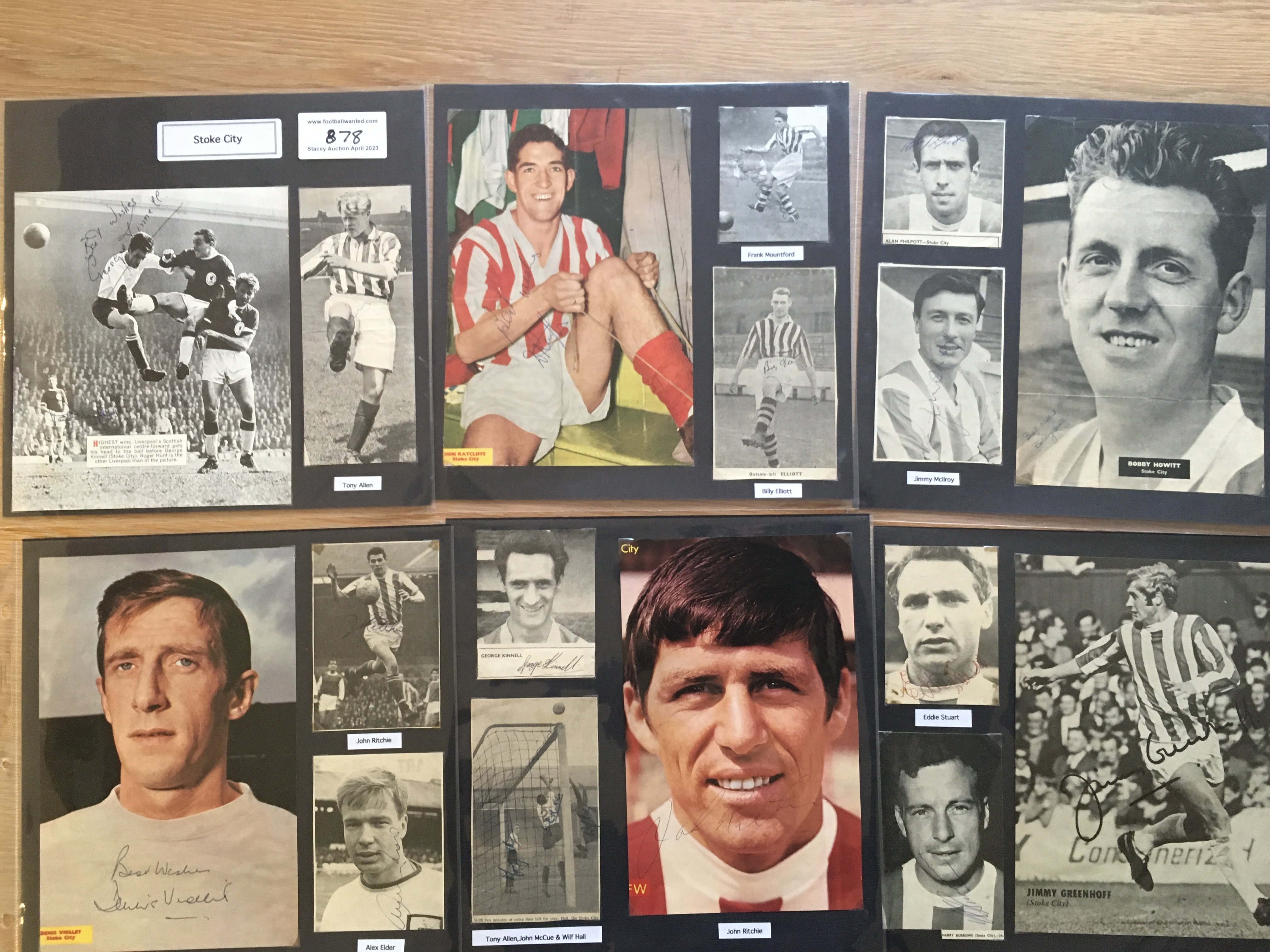 Stoke City 1940s 1950s 1960s Football Autograph Collection: Stunning private collection all pre 1970 from various publications. All signatures are identified and laid down with photo corners on 12 x 12 inch card and easily removable. 45 pages to include 3 fully signed team groups, 3 signed autograph pages, 3 signed original press photos and 188 various sized pictures to include 28 A4. 123 different player signatures including Tony Waddington, Paul Shardlow, Dennis Viollet, Roy Vernon, Johnny King, John Ritchie, Jimmy Greenhoff, Dennis Herod, Mike Pejic, Harry Burrows, Harry Gregg, David Herd, Neil Franklin etc. (350+)