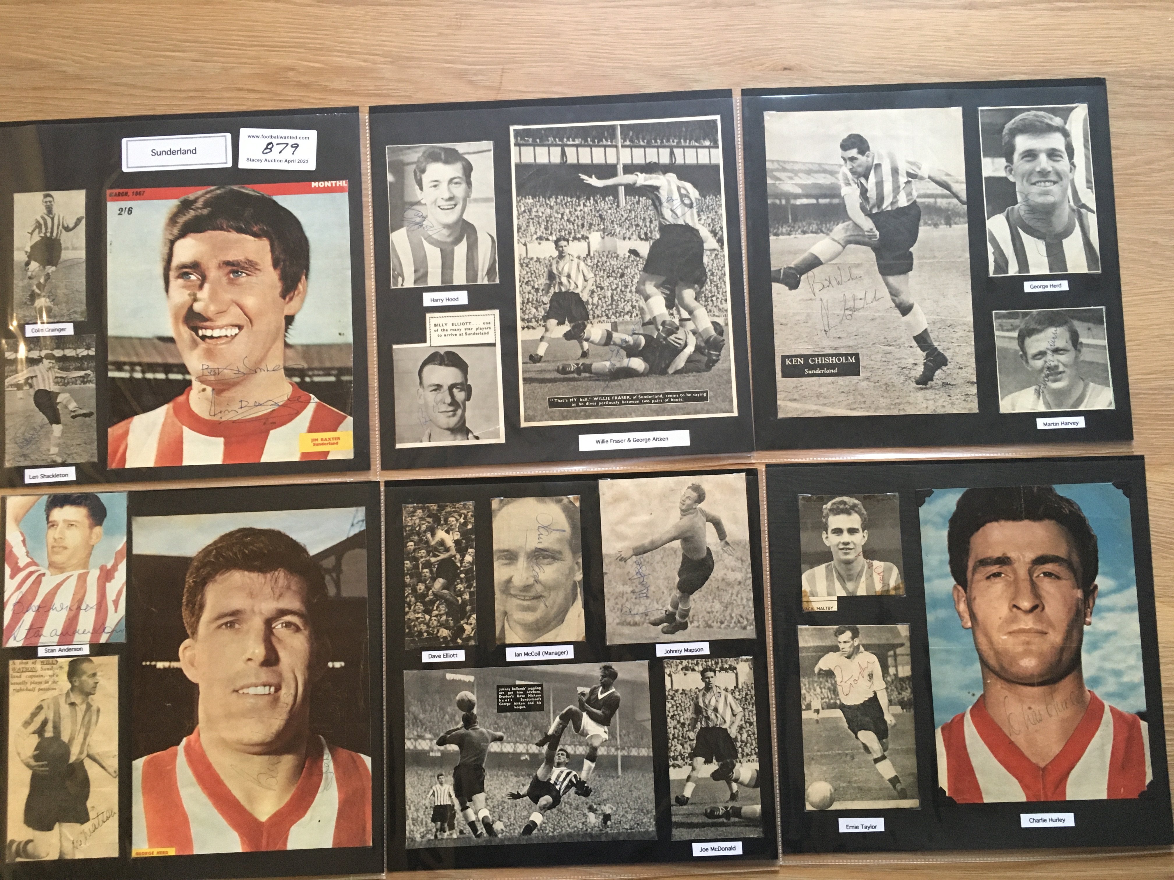 Sunderland 1940s 1950s 1960s Football Autograph Collection: Stunning private collection all pre 1970 from various publications. All signatures are identified and laid down with photo corners on 12 x 12 inch card and easily removable. 45 pages to include 2 fully signed team groups, 2 signed autograph pages, 7 signed original press photos and 184 various sized pictures to include 31 A4. 111 different player signatures including Don Revie, Dennis Tueart, Bobby Kerr, Len Shackleton, Brian Clough, Jim Baxter, Trevor Ford, Charlie Hurley, Colin Todd, Dave Watson, John Mapson, Johnny Crossan, Jimmy Cowan, Ian Porterfield etc. (260+)