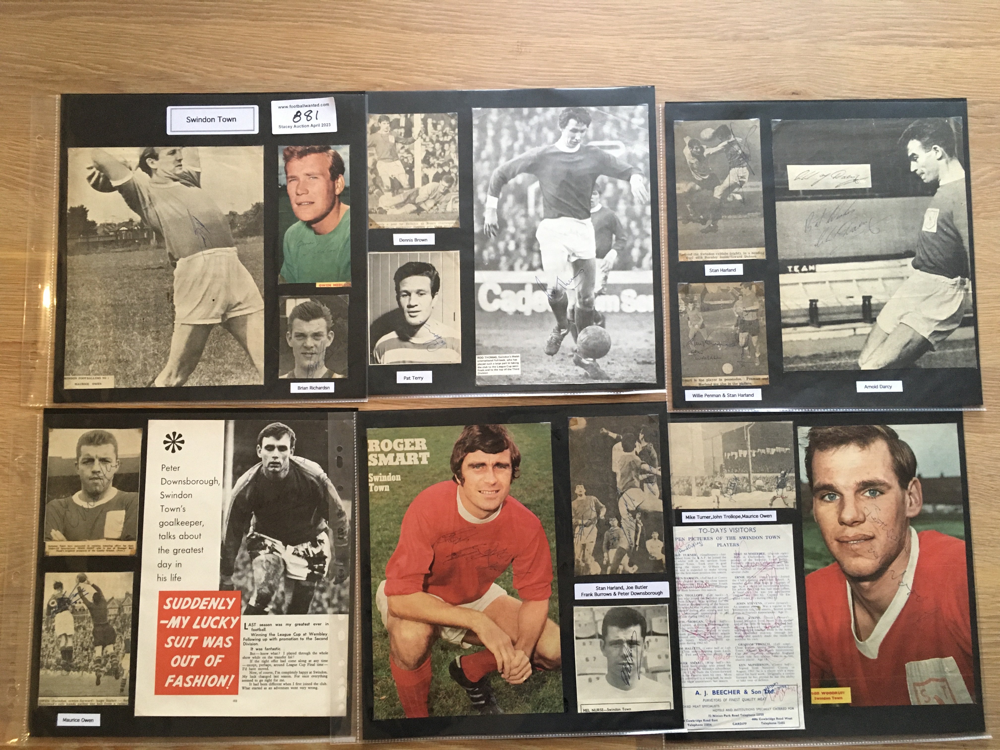Swindon Town 1940s 1950s 1960s Football Autograph Collection: Stunning private collection all pre 1970 from various publications. All signatures are identified and laid down with photo corners on 12 x 12 inch card and easily removable. 24 pages to include 2 fully signed team groups, 6 signed autograph pages and 102 various sized pictures to include 15 A4. 115 different player signatures including Don Rogers, David Layne, Mike Summerbee, Peter Noble, Frank Haffey, Stan Harland, Sam Burton, Maurice Owen, Ernie Hunt, Roger Smart, Frank Large, John Trollope, Joe Butler, Harry Lunn etc. (280+)