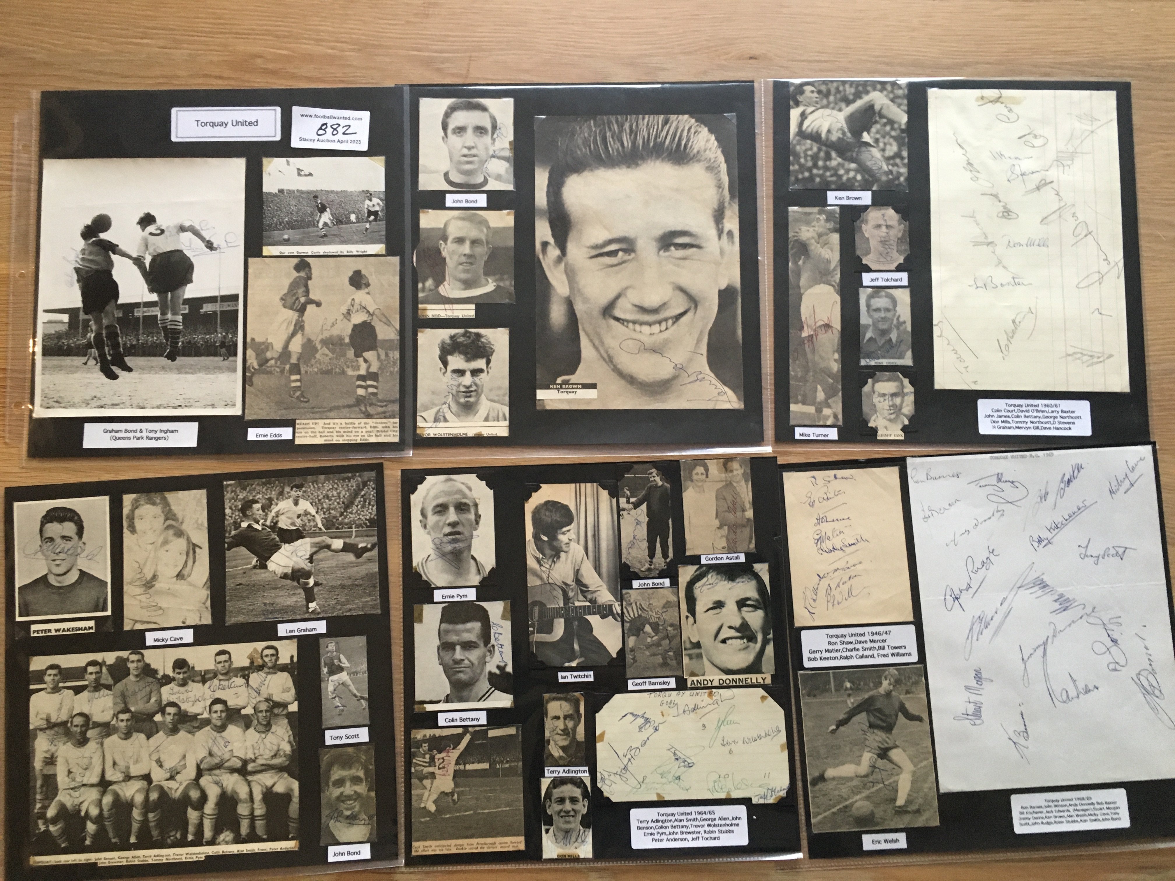 Torquay United 1940s 1950s 1960s Football Autograph Collection: Stunning private collection all pre 1970 from various publications. All signatures are identified and laid down with photo corners on 12 x 12 inch card and easily removable. 20 pages to include 1 fully signed team group, 8 signed autograph pages, a signed programme with 13 autographs 1963/64, 2 signed original press photos and 125 various sized pictures to include 3 A4. 107 different player signatures including Ted Calland, Jack Smith, John Bond, Don Mills, Ken Brown, Peter Wakeham, Ernie Pym, Tommy Northcott, Robin Stubbs, Micky Cave, Bill Kitchener, John Rudge, Dennis Lewis, Fred Binney etc. (280+)