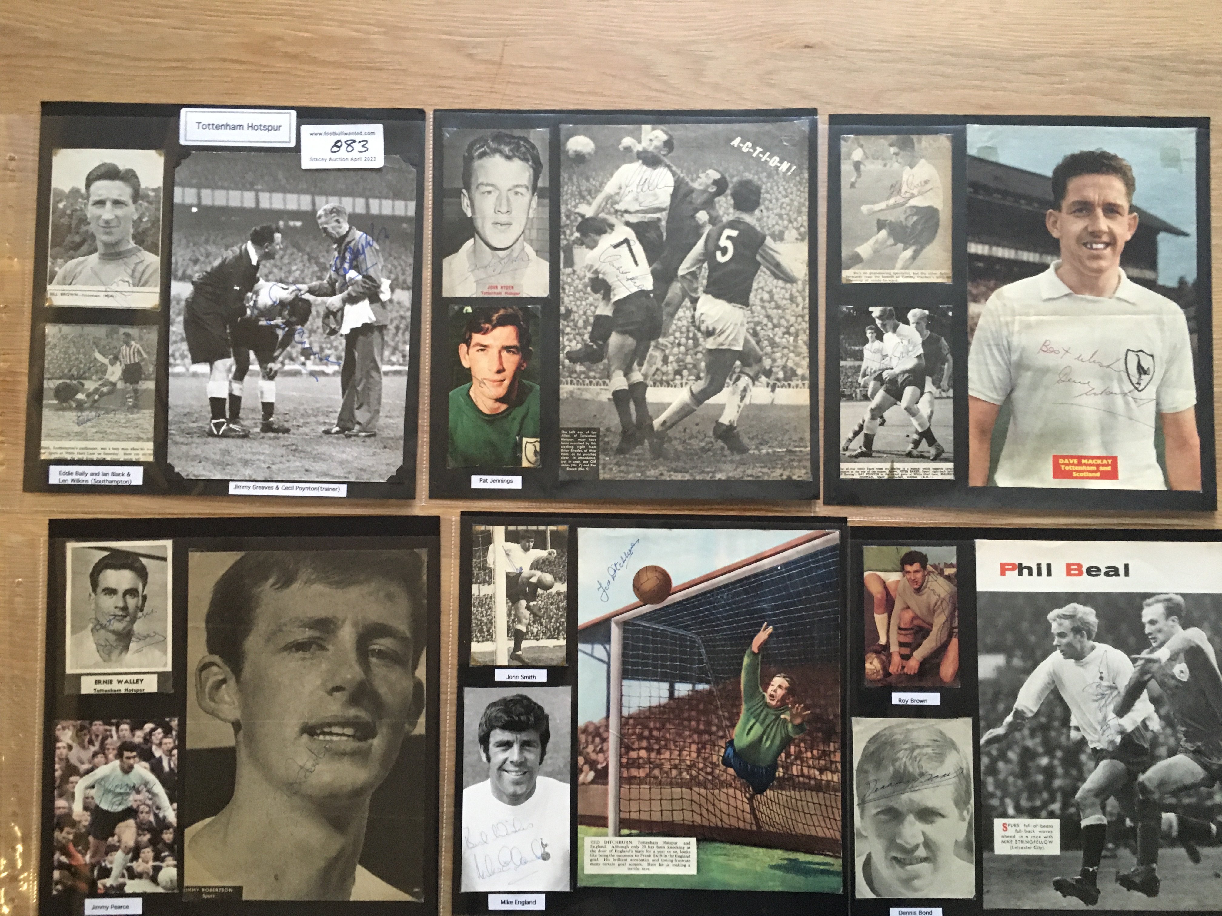 Tottenham Hotspur 1940s 1950s 1960s Football Autograph Collection: Stunning private collection all pre 1970 from various publications. All signatures are identified and laid down with photo corners on 12 x 12 inch card and easily removable. 57 pages to include 2 fully signed team groups including 1960/61 double team, 18 signed trade cards, 4 signed autograph pages including 1948/49 with 24 autographs, 14 signed original press photos and 205 various sized pictures to include 34 A4. 118 different player signatures including Alf Ramsey, Bill Nicholson, Ken Barton, Danny Blanchflower, Cecil Poynton, John White, Jimmy Greaves, Ken Flint, Martin Chivers, Len Duquemin, Cyril Knowles, Derek King, Bill Brown, Alan Gilzean etc. (340+)