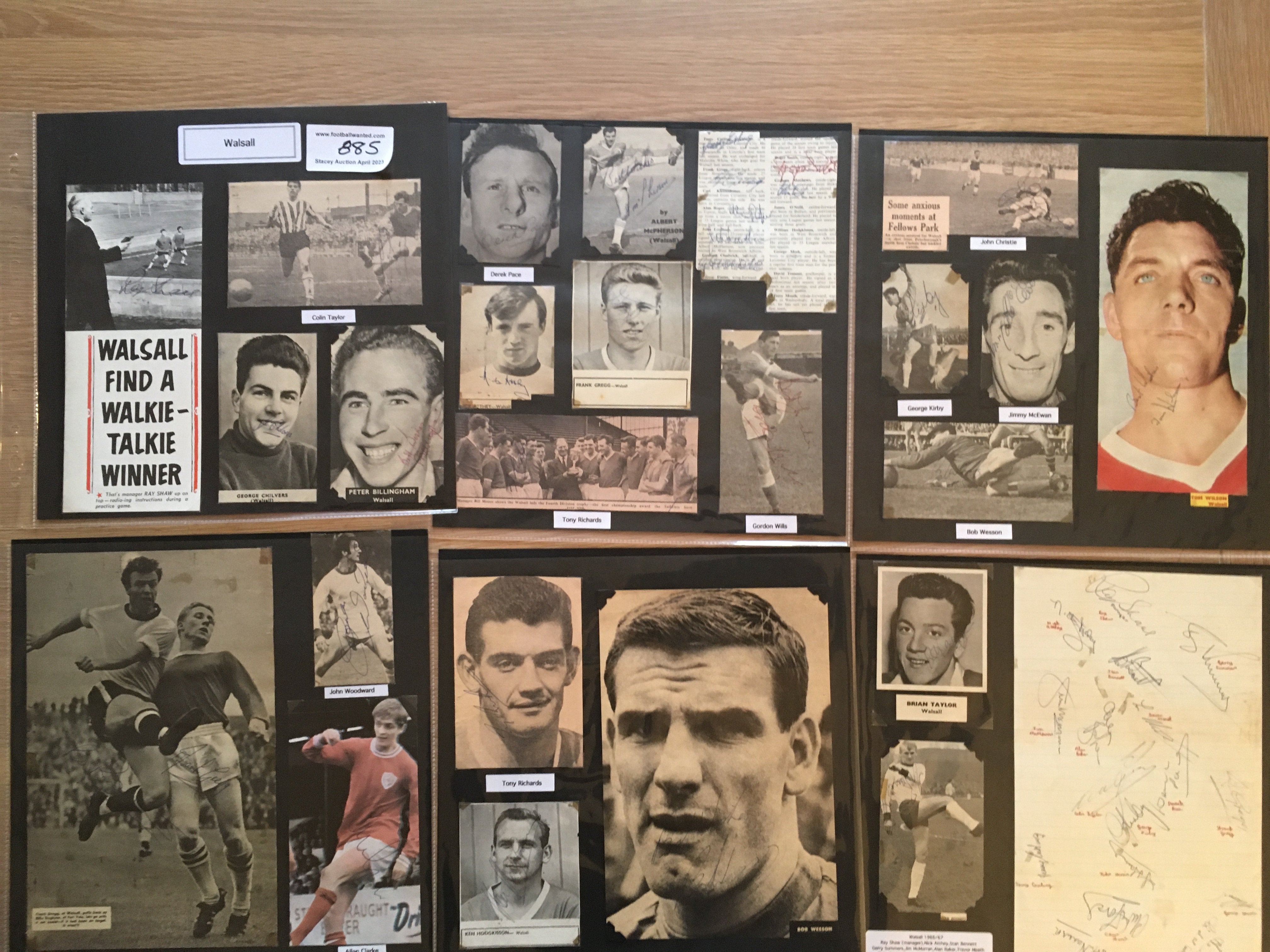Walsall 1940s 1950s 1960s Football Autograph Collection: Stunning private collection all pre 1970 from various publications. All signatures are identified and laid down with photo corners on 12 x 12 inch card and easily removable. 21 pages to include 3 fully signed team groups, 3 signed autograph pages and 120 various sized pictures to include 6 A4. 87 different player signatures including Phil Parkes, Bill Guttridge, Tony Richards, Allan Clarke, Albert McPherson, George Kirby, John Christie, Colin Taylor, Terry Carling, Trevor Smith, Frank Gregg, Alan Boswell, Ken Hill etc. (240+)