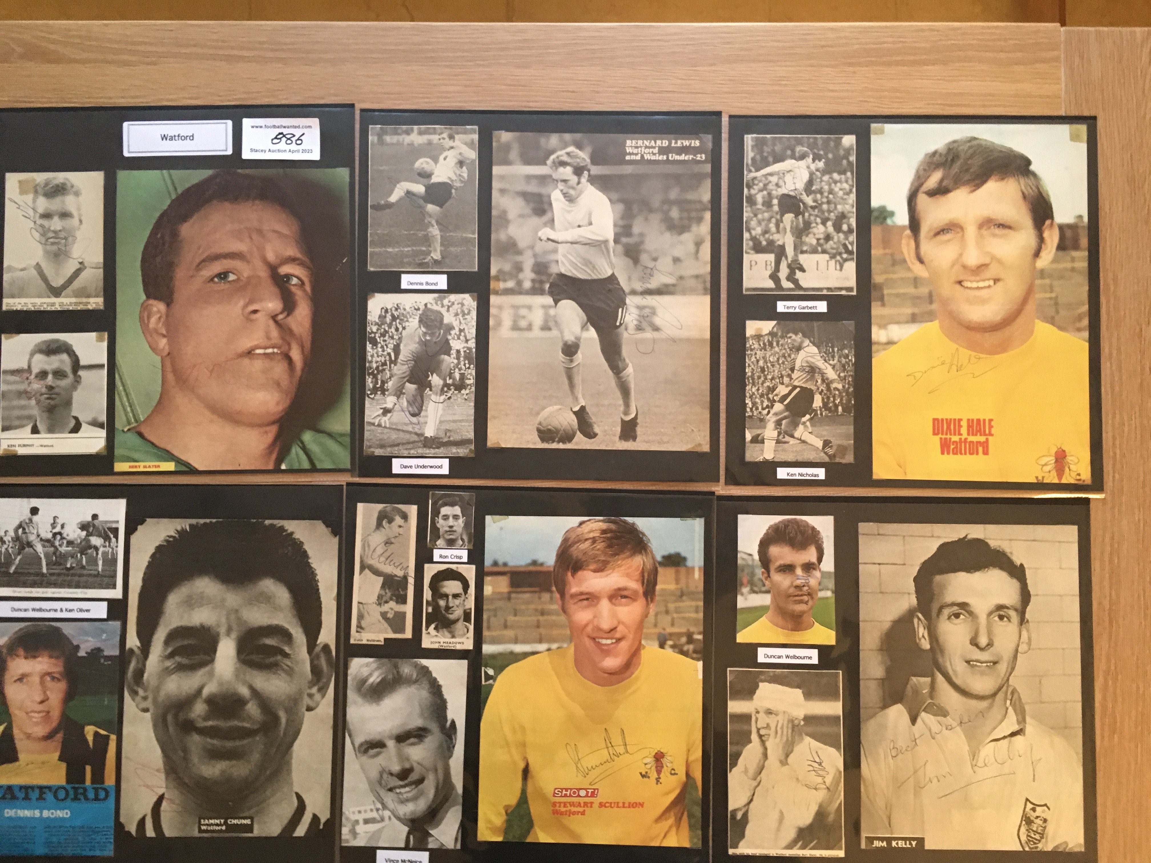 Watford 1940s 1950s 1960s Football Autograph Collection: Stunning private collection all pre 1970 from various publications. All signatures are identified and laid down with photo corners on 12 x 12 inch card and easily removable. 22 pages to include 1 fully signed team group, 4 signed autograph pages and 119 various sized pictures to include 9 A4. 112 different player signatures including Tony Currie, Dave Underwood, Cliff Holton, Charlie Livesey, Bert Slater, Ken Furphy, Roger Hugo, Stewart Scullion, Dixie Hale, Pat Jennings, Terry Mancini, Mike Walker, Tommy Eggleston etc. (230+)