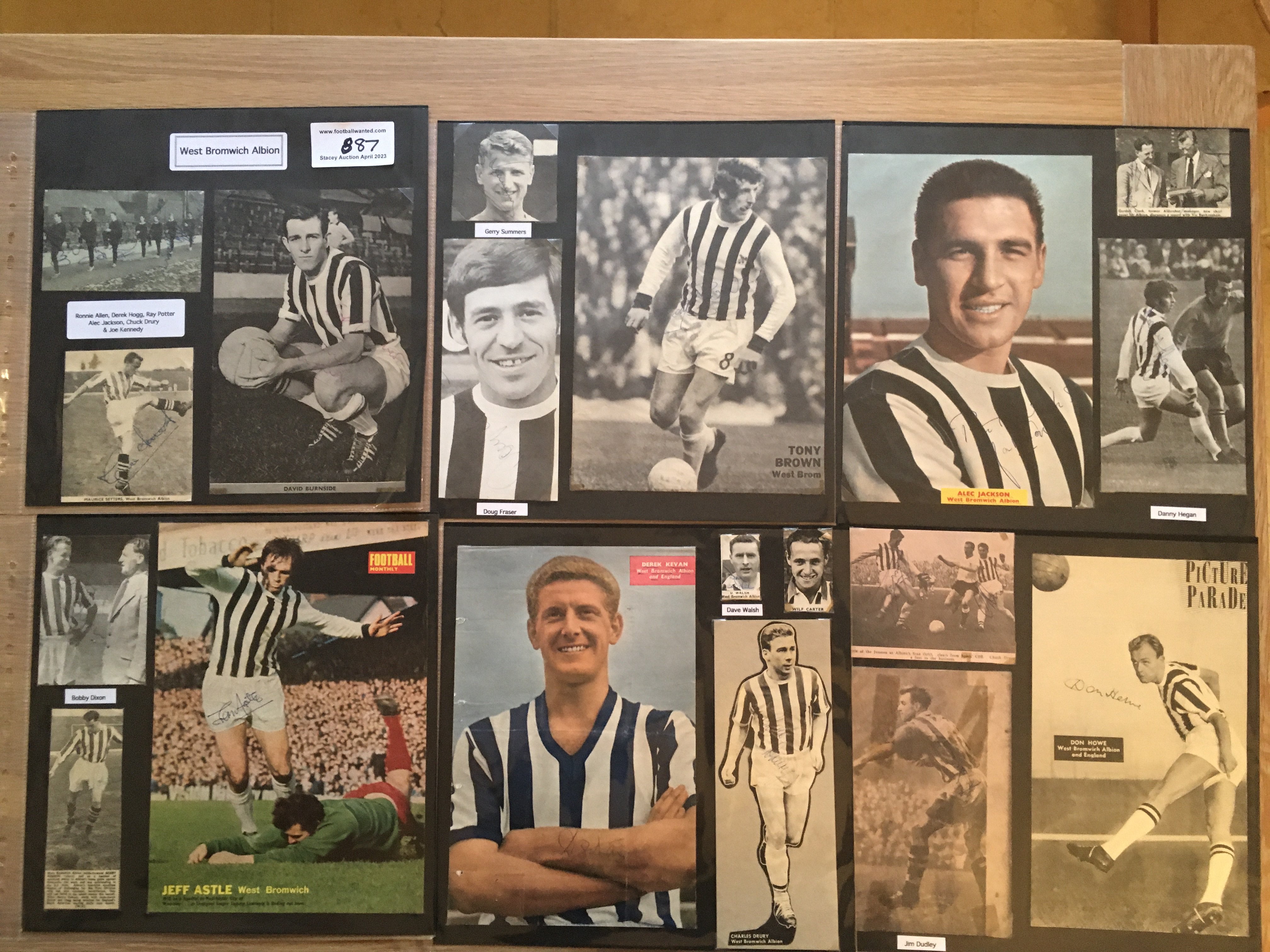 West Brom 1940s 1950s 1960s Football Autograph Collection: Stunning private collection all pre 1970 from various publications. All signatures are identified and laid down with photo corners on 12 x 12 inch card and easily removable. 53 pages to include 2 fully signed team groups, 2 signed autograph pages, 5 signed original press photos and 206 various sized pictures to include 34 A4. 108 different player signatures including Tony Brown, Johnny Nicholls, Jeff Astle, Norman Heath, Derek Kevan, Joe Kennedy, Ronnie Allen, Bobby Robson, Clive Clark, Ken Foggo, Asa Hartford, Colin Suggett, John Osborne, Ronnie Rees etc. (370+)