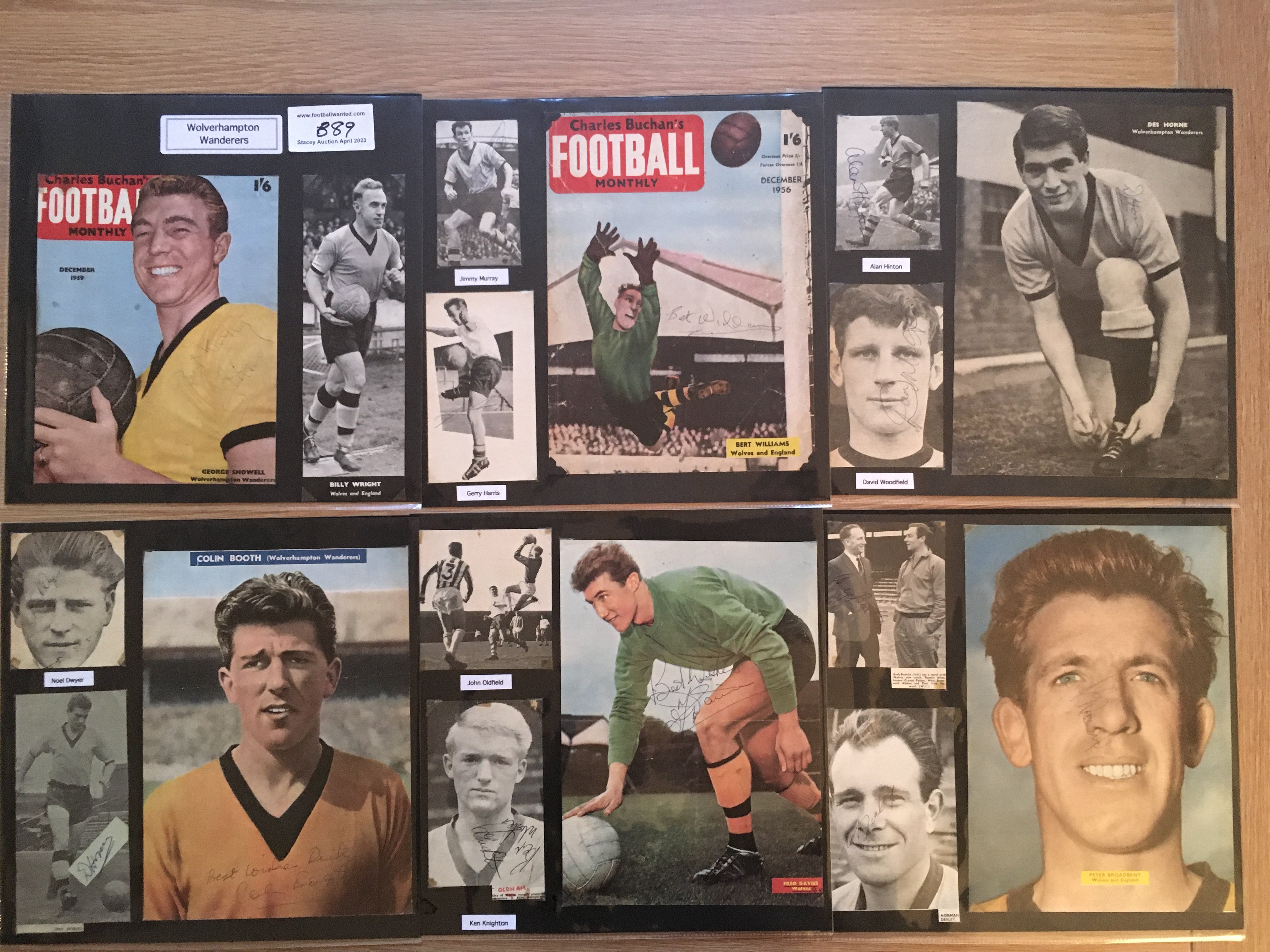 Wolverhampton Wanderers 1940s 1950s 1960s Football Autograph Collection: Stunning private collection all pre 1970 from various publications. All signatures are identified and laid down with photo corners on 12 x 12 inch card and easily removable. 52 pages to include 2 fully signed team groups,13 signed trade cards including 1958/59 A&BC champions card with 15 autographs, 5 signed autograph pages, 3 signed original press photos and 221 various sized pictures to include 27 A4. 148 different player signatures including Jesse Pye, Kenny Hibbitt, Alun Evans, Johnny Hancocks, Derek Dougan, Fred davies, Peter Knowles, Roy Swinburne, John Richards, Ernie Hunt, Johnny Walker, Frank Wignall, David Wagstaffe etc. (410+)