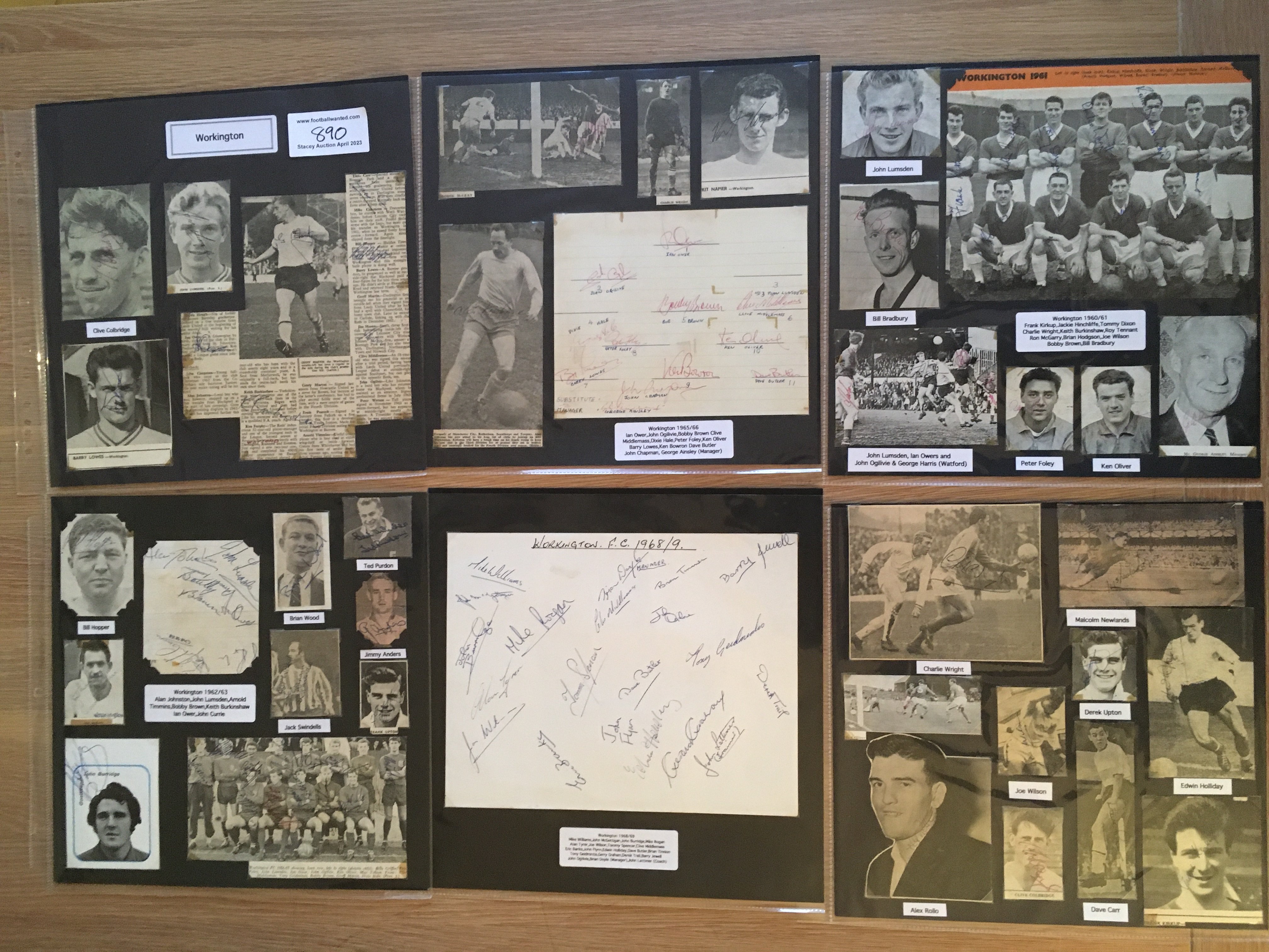 Workington 1940s 1950s 1960s Football Autograph Collection: Stunning private collection all pre 1970 from various publications. All signatures are identified and laid down with photo corners on 12 x 12 inch card and easily removable. 12 pages to include 3 fully signed team groups, 5 signed autograph pages and 65 various sized pictures to include 1 A4. 71 different player signatures including Keith Burkinshaw, Clive Colbridge, Monty Newlands, Kit Napier, Charlie Wright, Les Massie, Dixie Hale, Ian Owers, Tommy Dixon, George Aitken, Clive Middlemass, Ken Furphy, Mike Rogan etc. (190+)