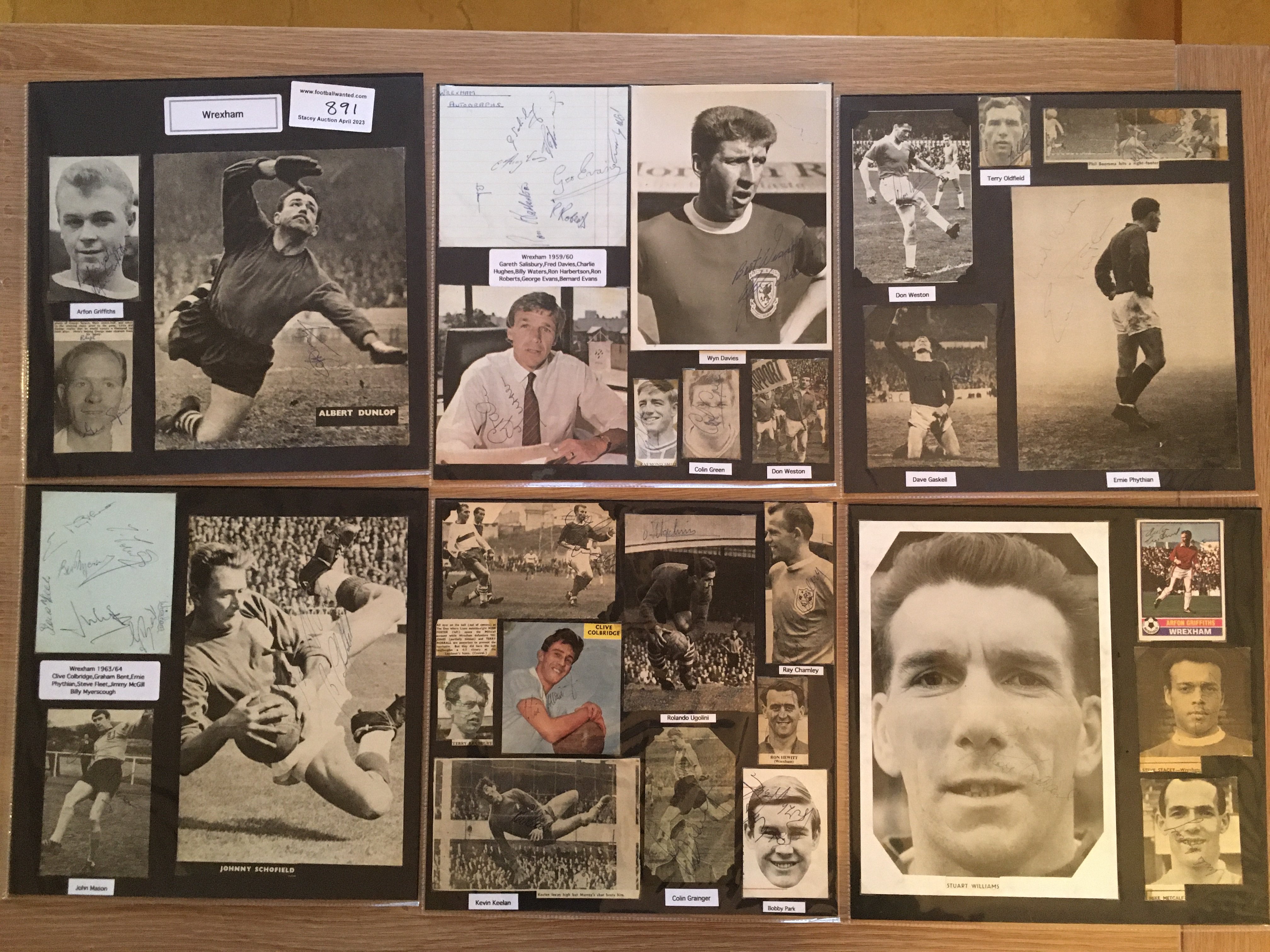 Wrexham 1940s 1950s 1960s Football Autograph Collection: Stunning private collection all pre 1970 from various publications. All signatures are identified and laid down with photo corners on 12 x 12 inch card and easily removable. 16 pages to include 2 fully signed team groups, 3 signed autograph pages including 1969/70 with 25 autographs, 1 signed original press photo and 78 various sized pictures to include 6 A4. 80 different player signatures including Wyn Davies, Dave Gaskell, Ian Moir, John Schofield, Albert Kinsey, Arfon Griffiths, Archie Ferguson, Phil Boersma, Ron Harbetson, George Evans, Eddie May, Ron Hewitt, George Spruce, Billy Waters etc. (150+)