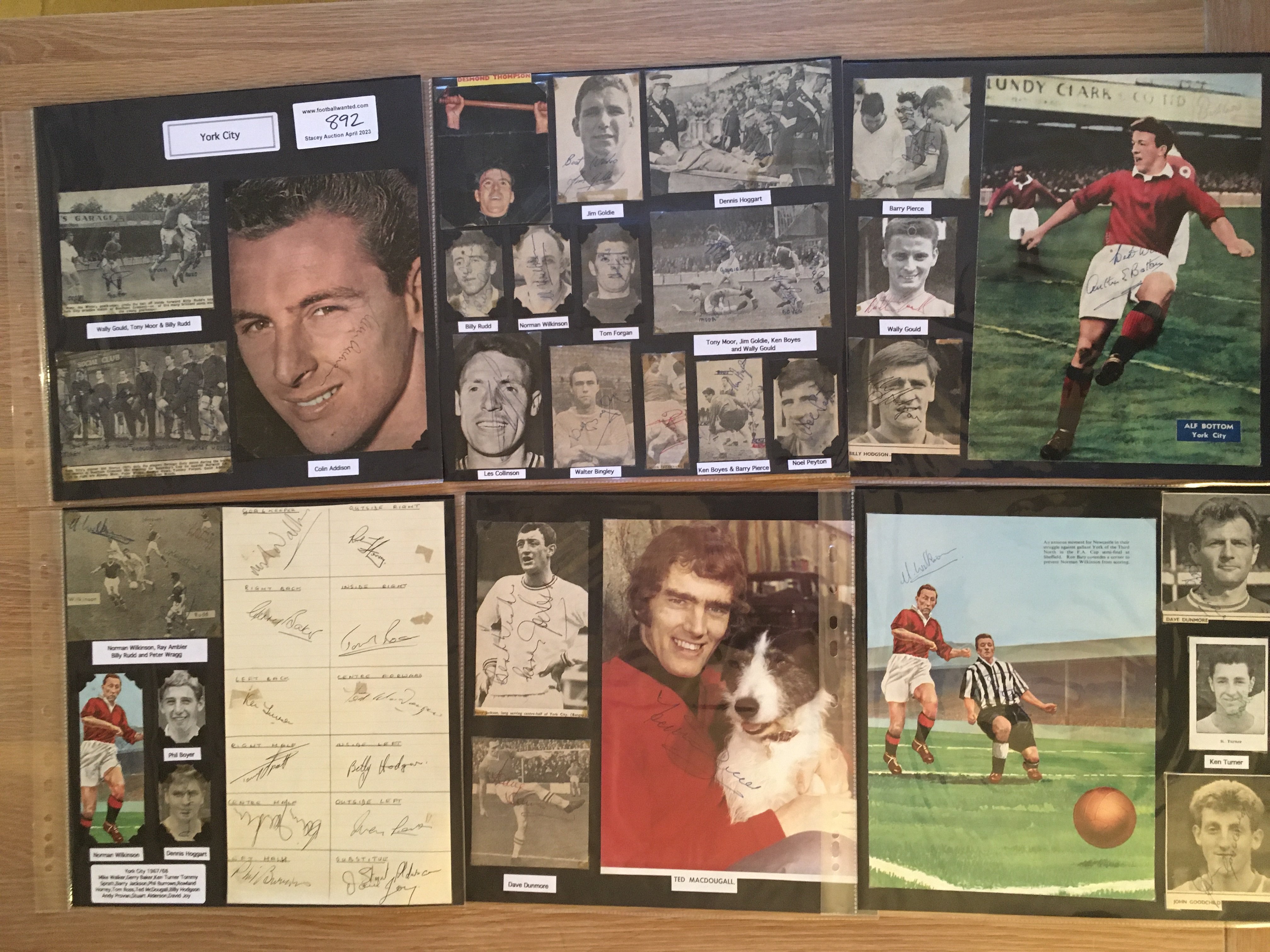 York City 1940s 1950s 1960s Football Autograph Collection: Stunning private collection all pre 1970 from various publications. All signatures are identified and laid down with photo corners on 12 x 12 inch card and easily removable. 17 pages to include 2 fully signed team groups, 6 signed autograph pages and 89 various sized pictures to include 5 A4. 87 different player signatures including Arthur Bottom, Sid Storey, Tom Heron, Ted McDougall, Graham Carr, Mike Walker, Dave Dunmore, John Scott, Phil Boyer, Jack Fountain, Chris Topping, Ron Spence, Roy Ambler, Norman Wilkinson, etc. (240+)