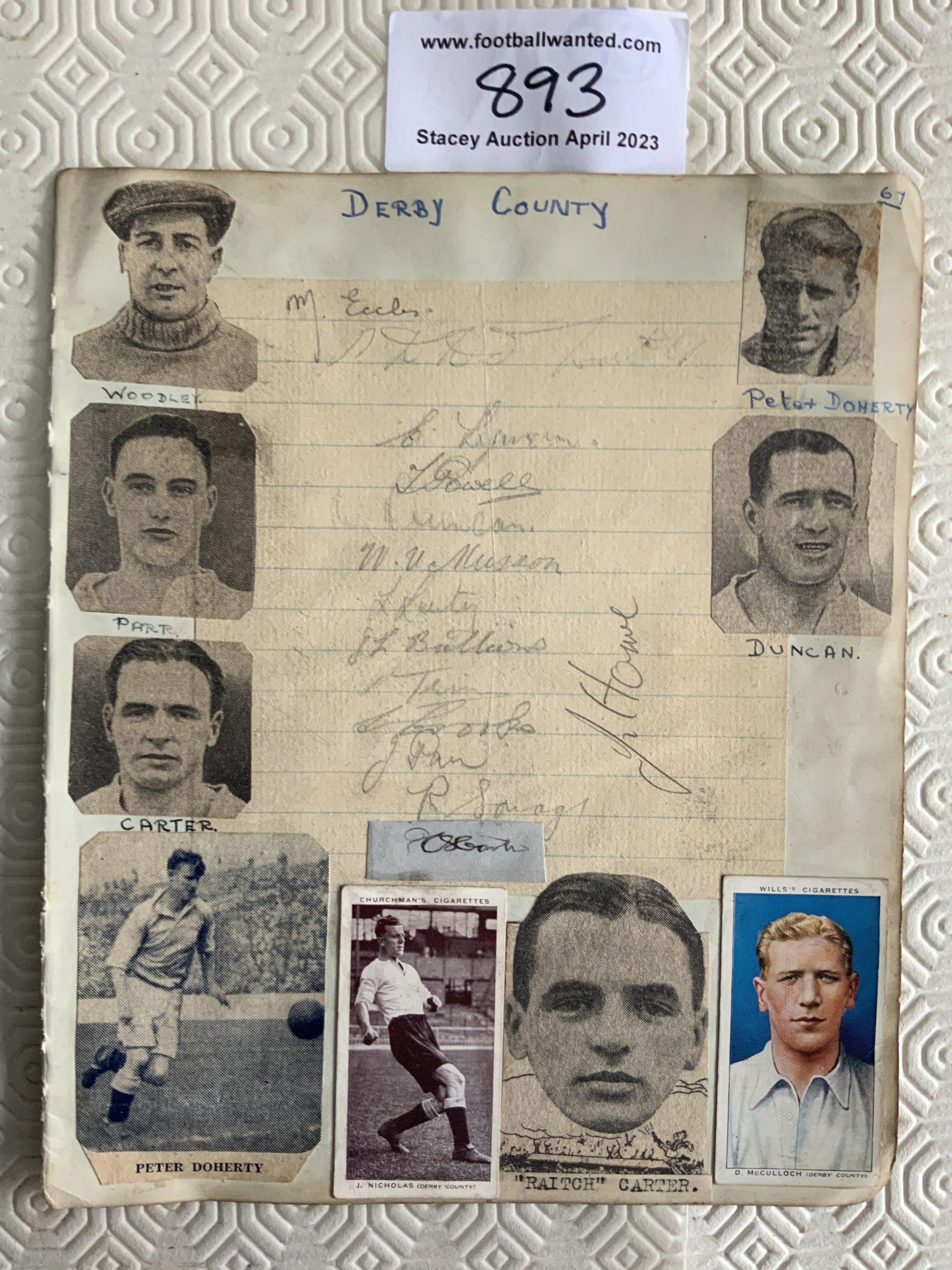 1940s Derby County Football Autographs: 13 pencilled autographs on lined paper then stuck down in the day with players pictures. Includes some 1946 FA Cup winners.