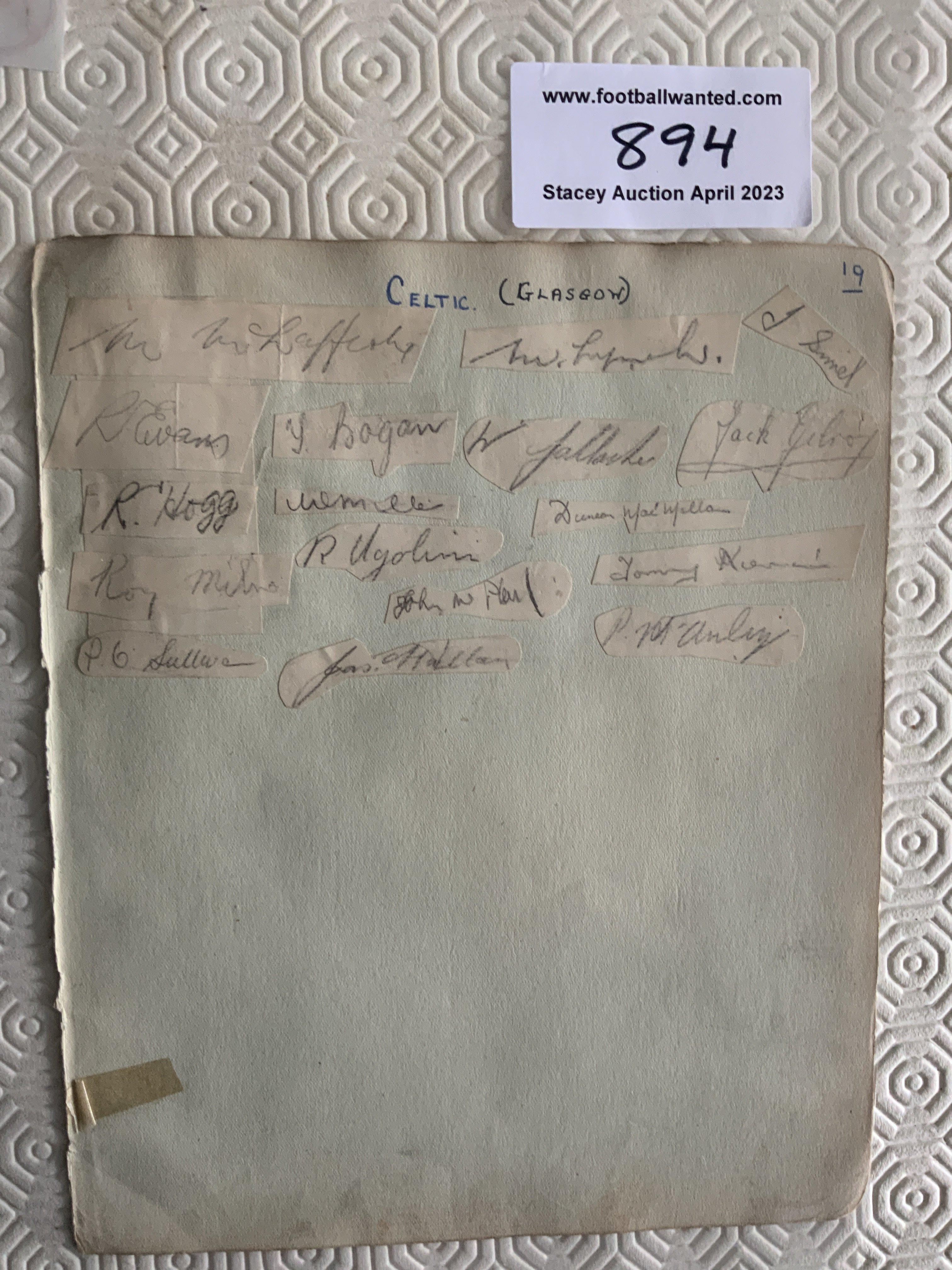 Celtic 1940s Football Autographs: Large autograph page with 18 autographs in pencil removed from a different autograph book and individually stuck down.