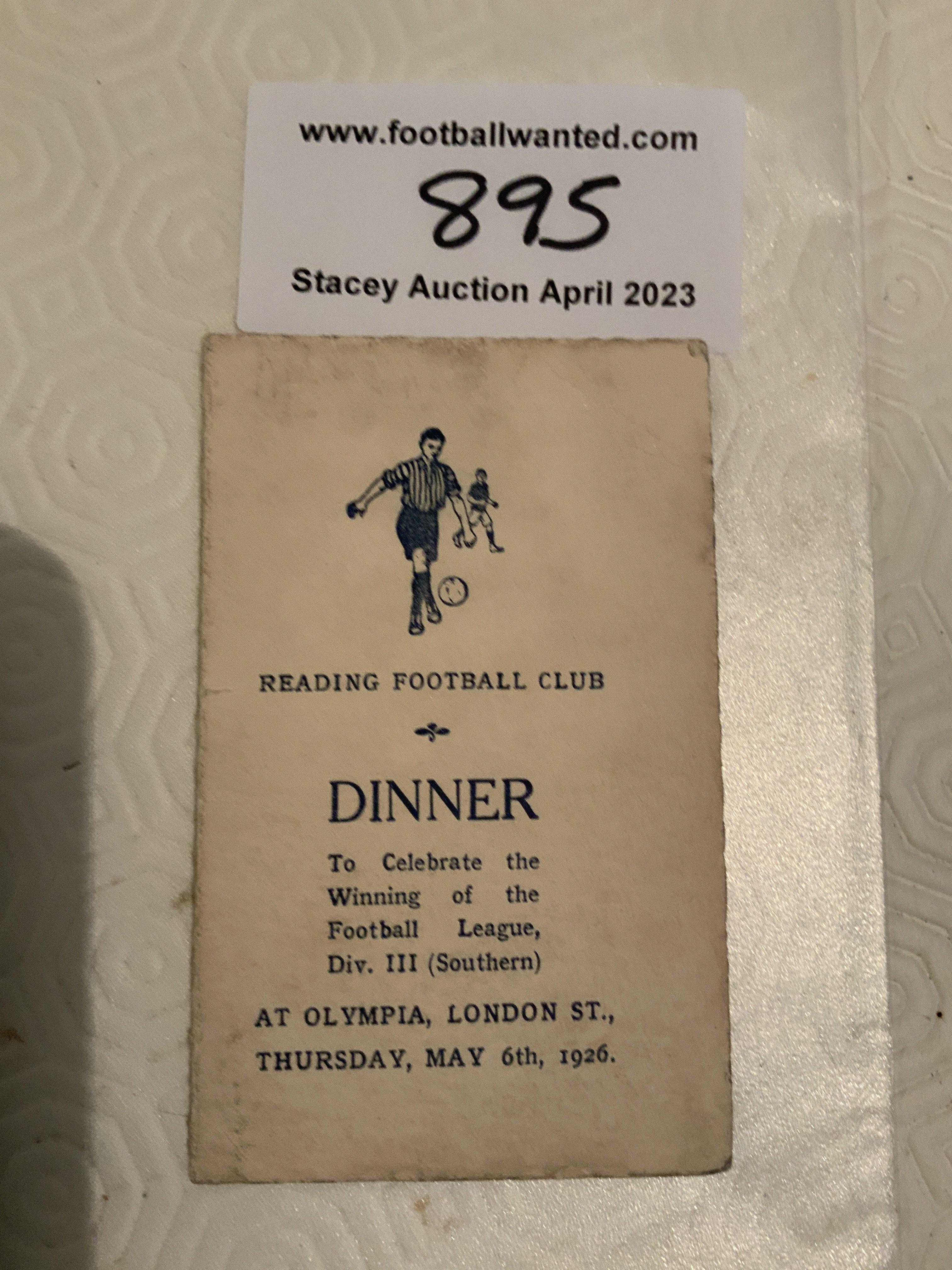 25/26 Reading Signed Football Menu: To celebrate winning division 3 south held at Olympia London. Signed inside by 11 and on the rear by a further 2 players. Tiny scuff to rear of small menu.